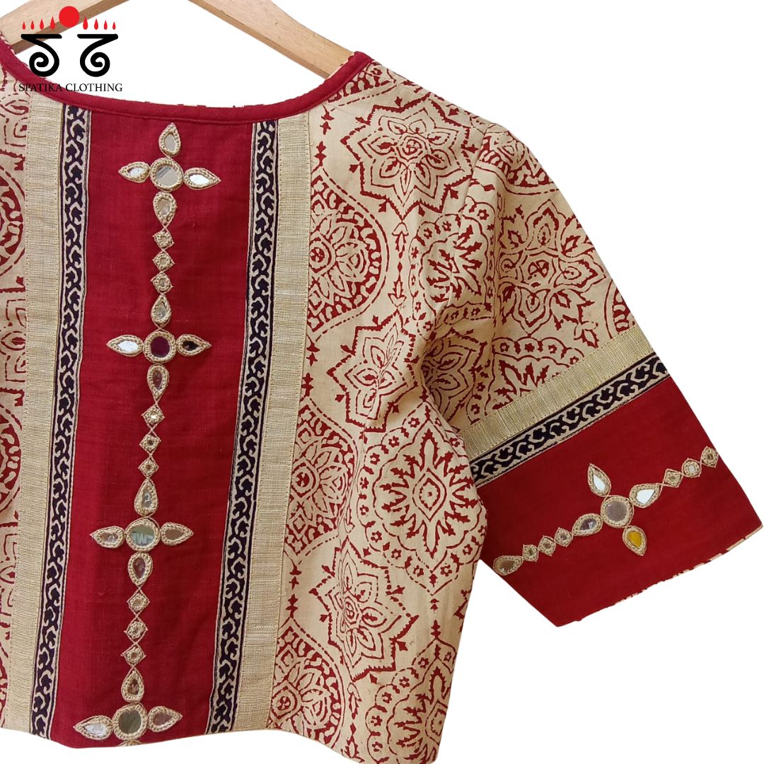 Off-white & Red Ajrak Mirror Work Blouse New!