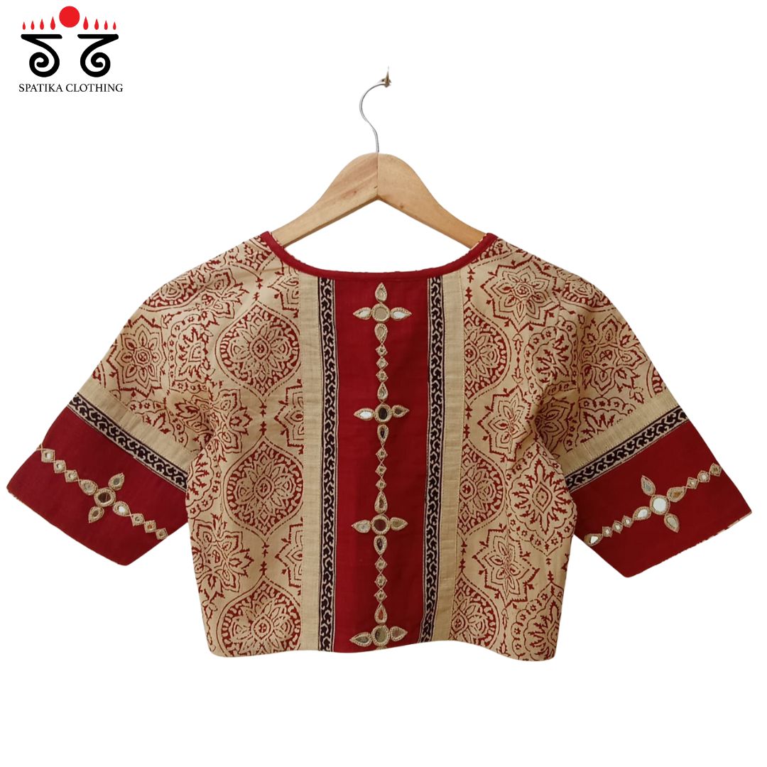 Off-white & Red Ajrak Mirror Work Blouse New!