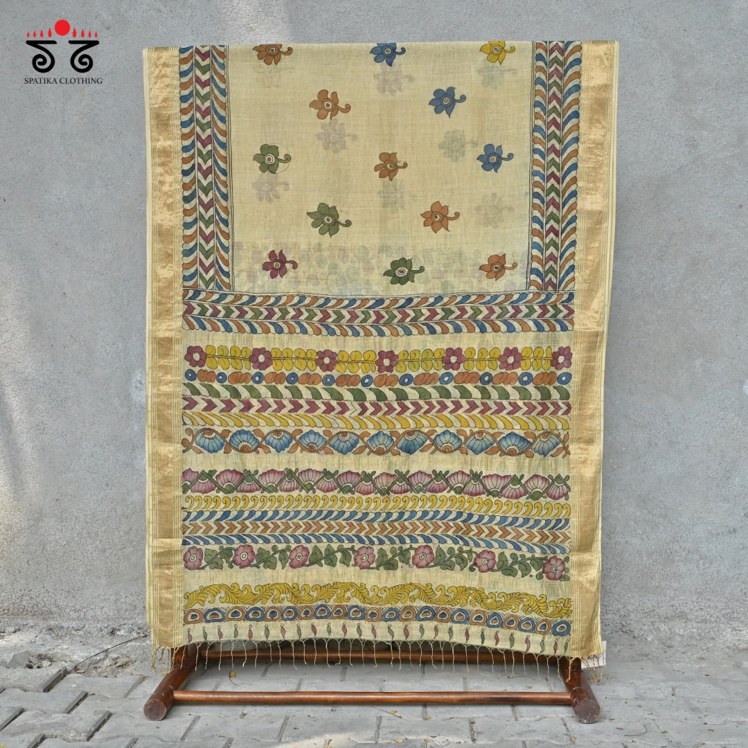 Pen Kalamkari On Off-white Maheshwari Silk Cotton Saree