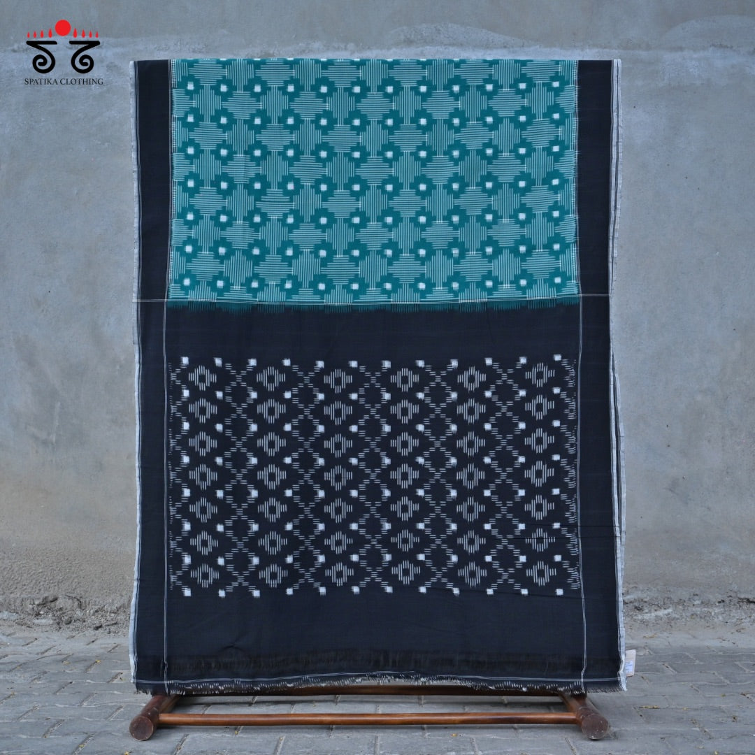 Teal Green, Black & White Telia Double Ikat - Handwoven Cotton Saree