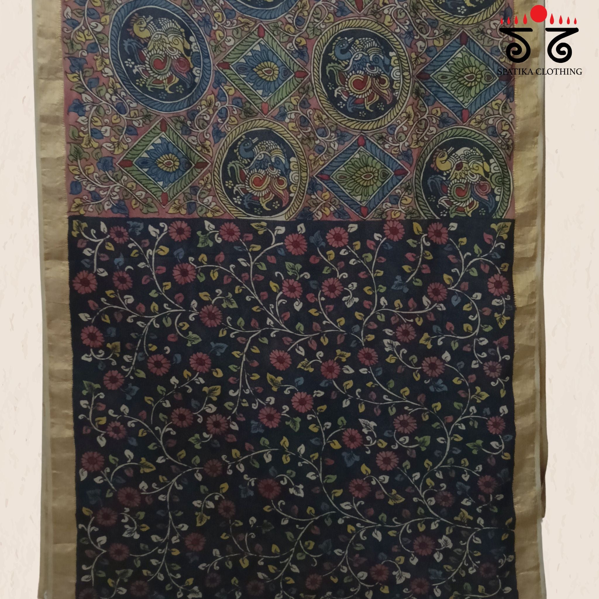 Rose Pink & Indigo Pen Kalamkari Mangalagiri Saree