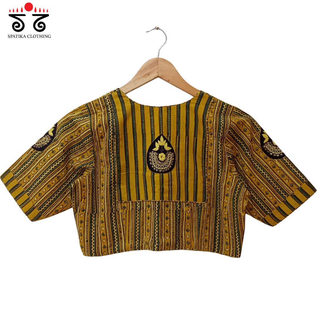 Yellow & Green Inlay & Yoke handcrafted blouse in natural dyes