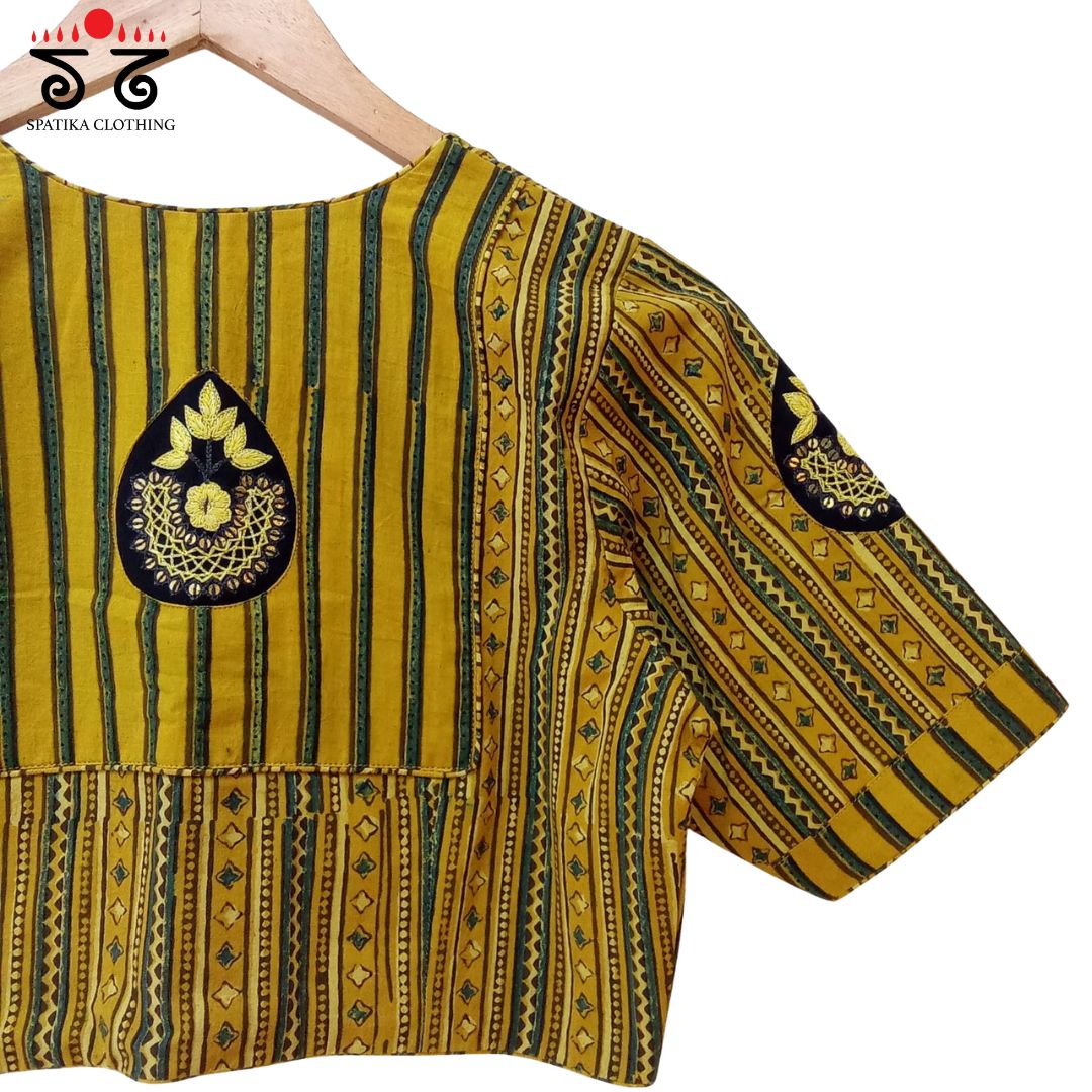 Yellow & Green Inlay & Yoke handcrafted blouse in natural dyes