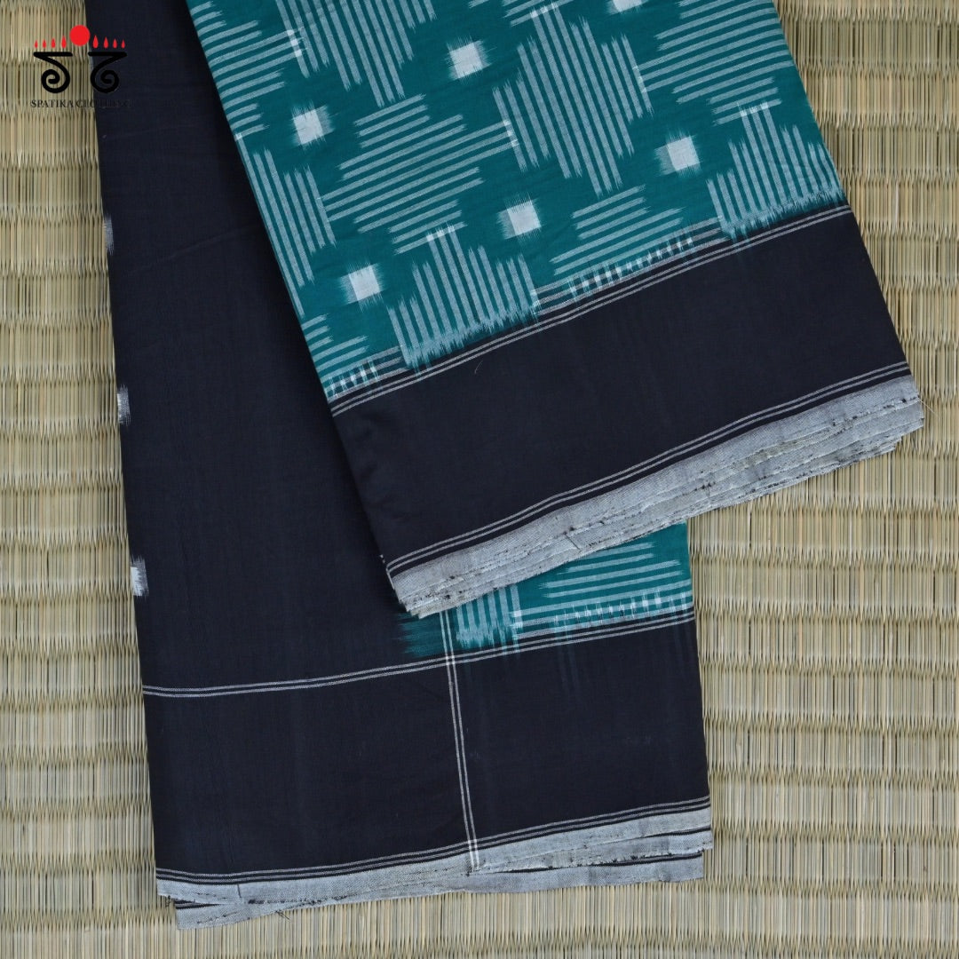 Teal Green, Black & White Telia Double Ikat - Handwoven Cotton Saree
