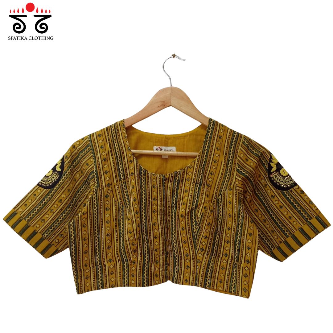 Yellow & Green Inlay & Yoke handcrafted blouse in natural dyes