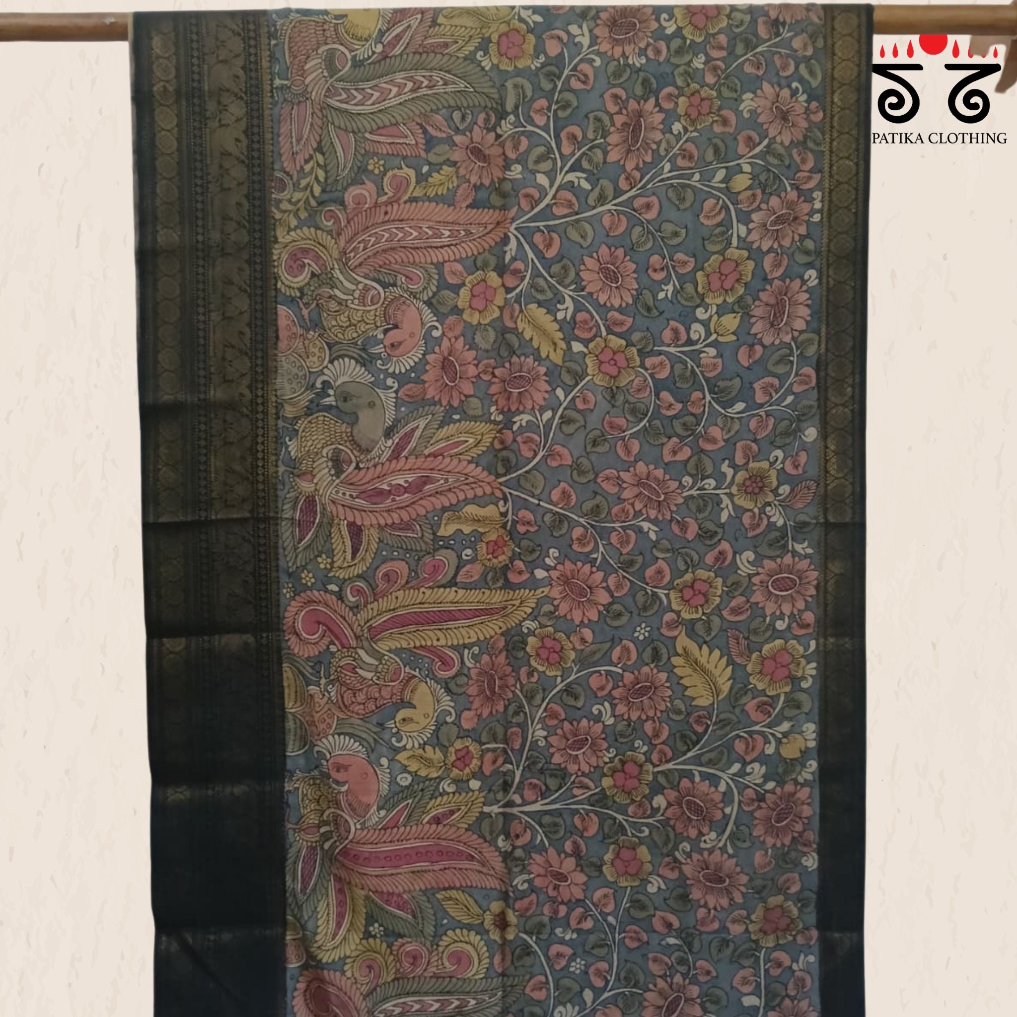 Blue & Black Pen Kalamkari Handpainted Silk Cotton Saree