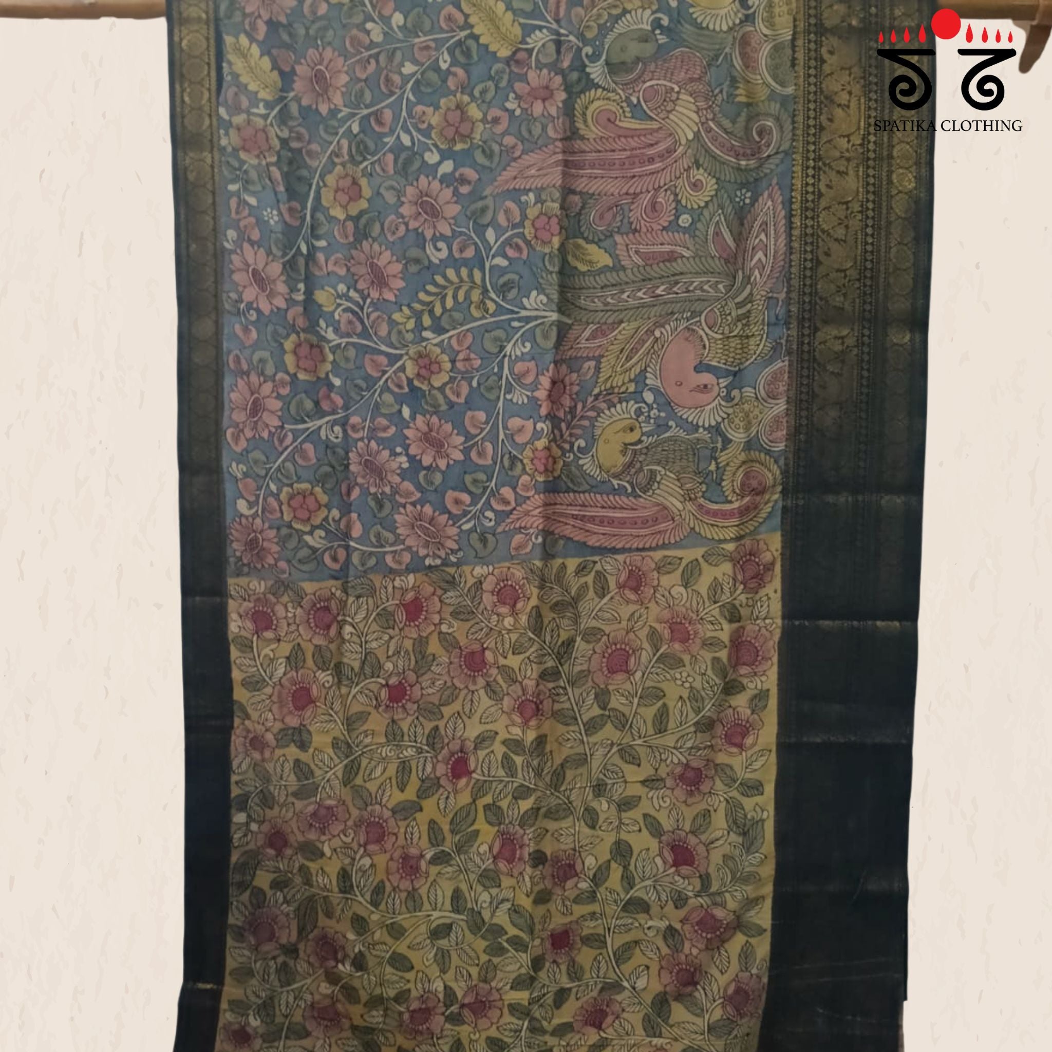 Blue & Black Pen Kalamkari Handpainted Silk Cotton Saree