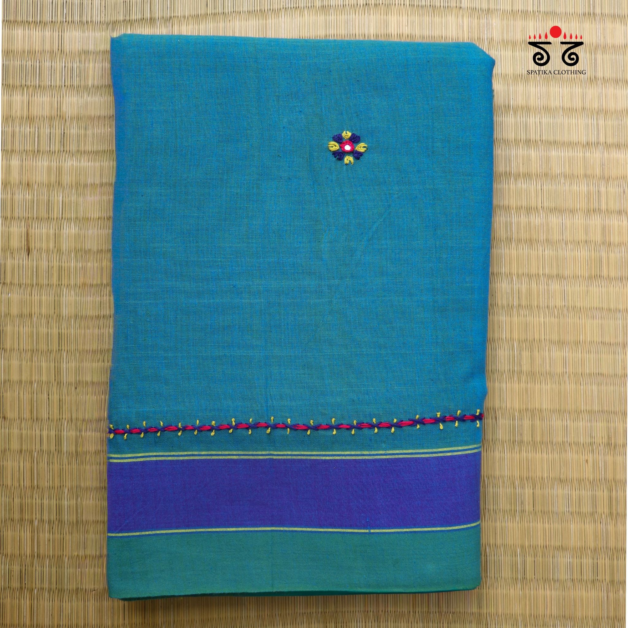Blue Ilkal Handembroidered Cotton Saree
