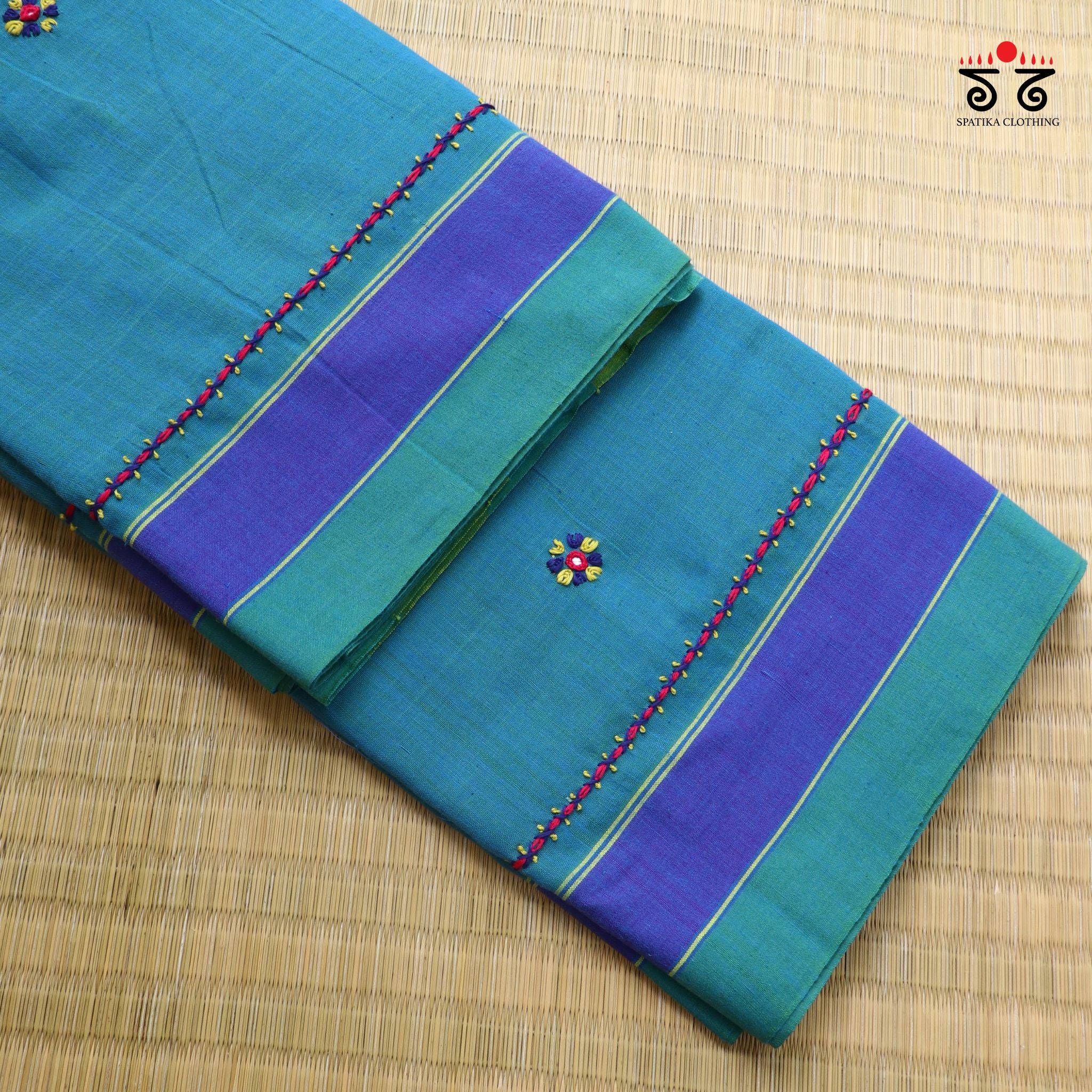 Blue Ilkal Handembroidered Cotton Saree