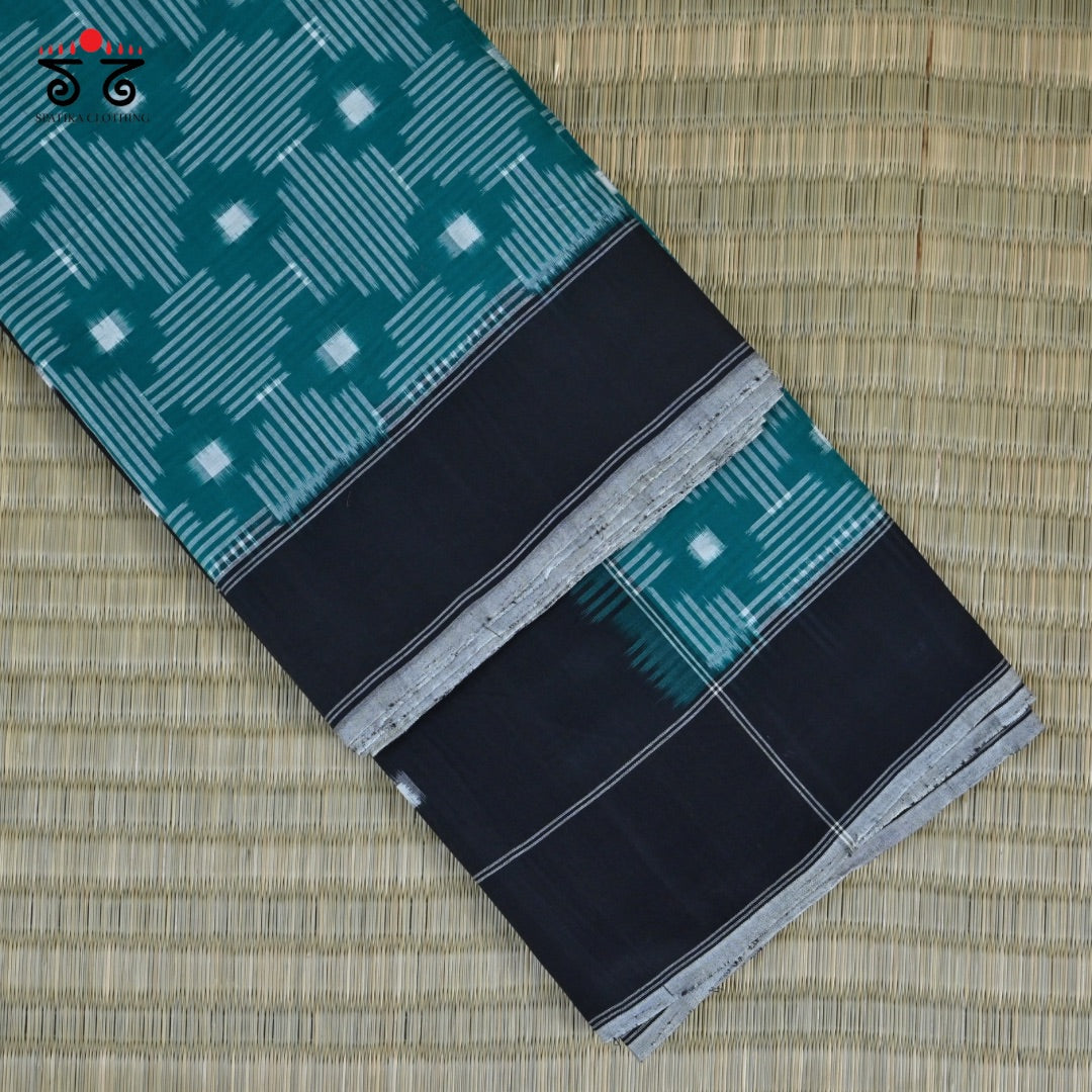 Teal Green, Black & White Telia Double Ikat - Handwoven Cotton Saree