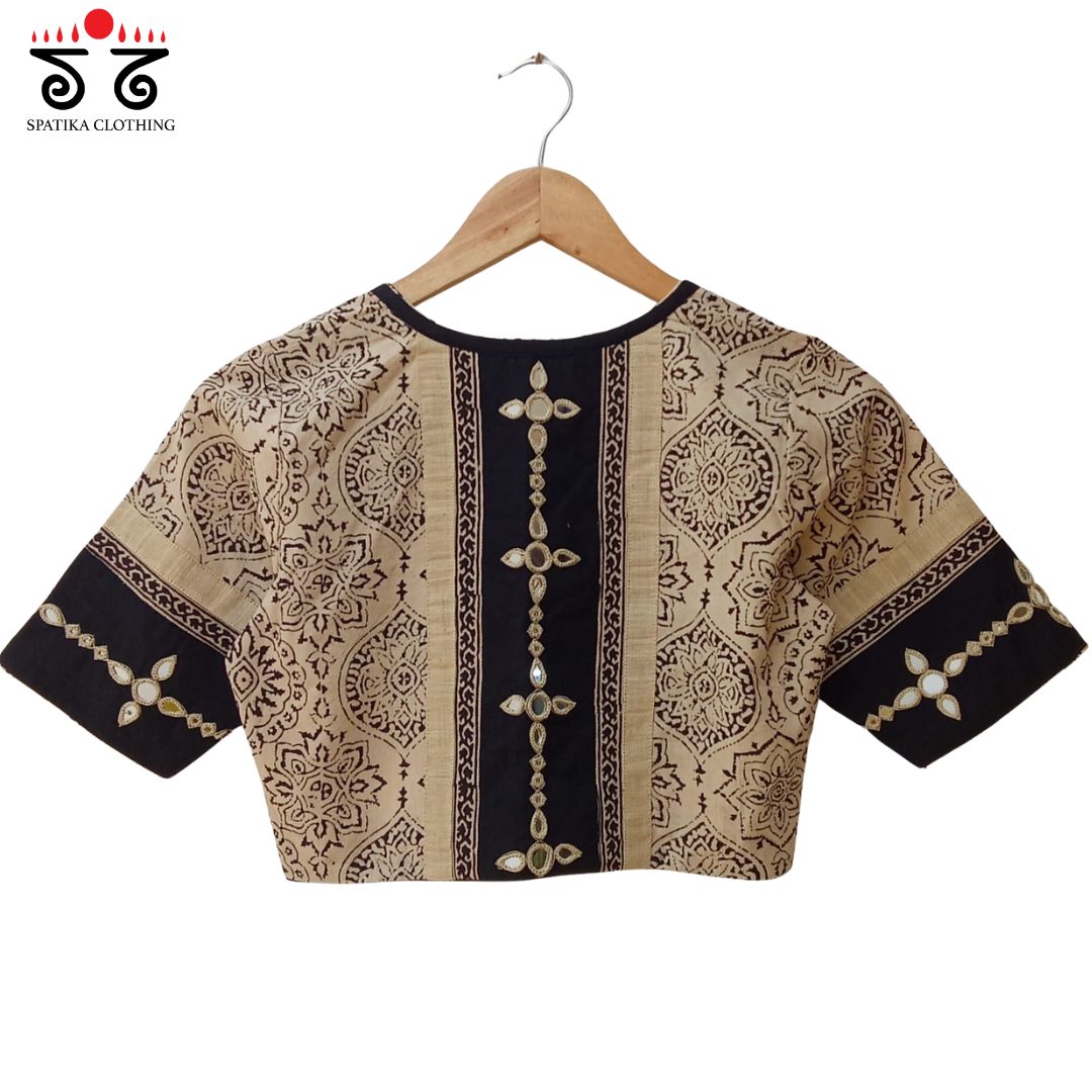 Off White & Black Ajrak Mirror Work Blouse New!