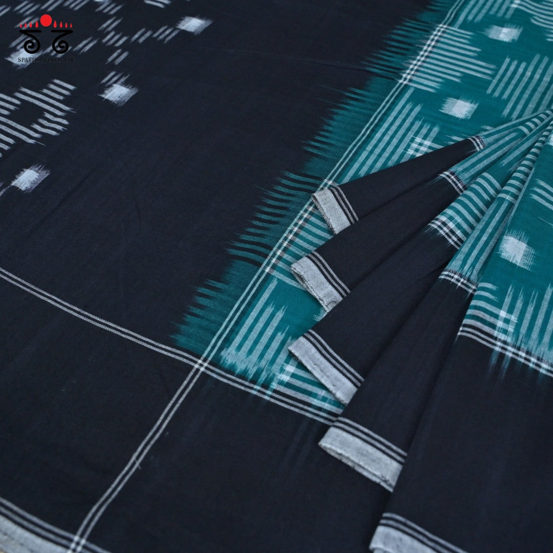 Teal Green, Black & White Telia Double Ikat - Handwoven Cotton Saree