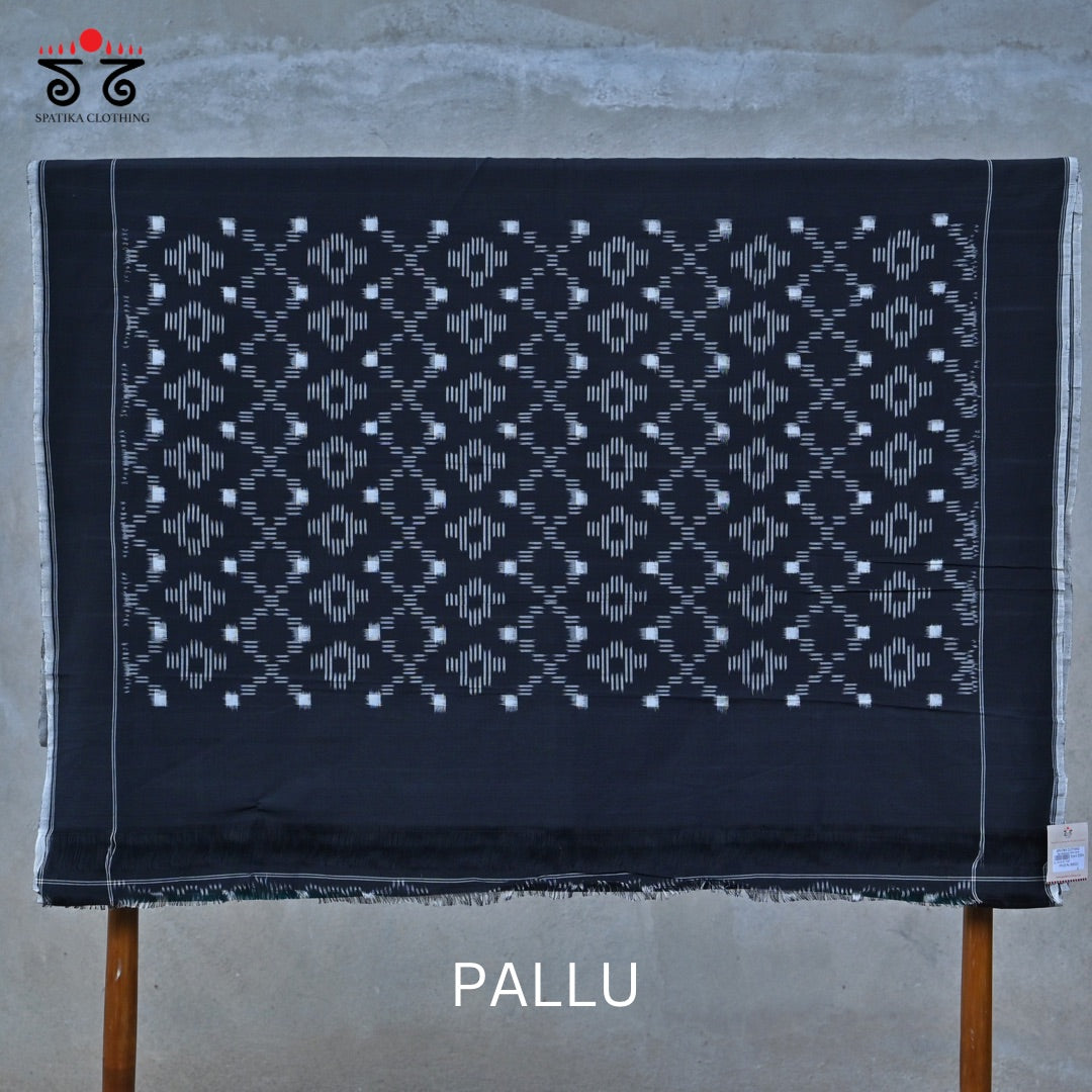 Teal Green, Black & White Telia Double Ikat - Handwoven Cotton Saree