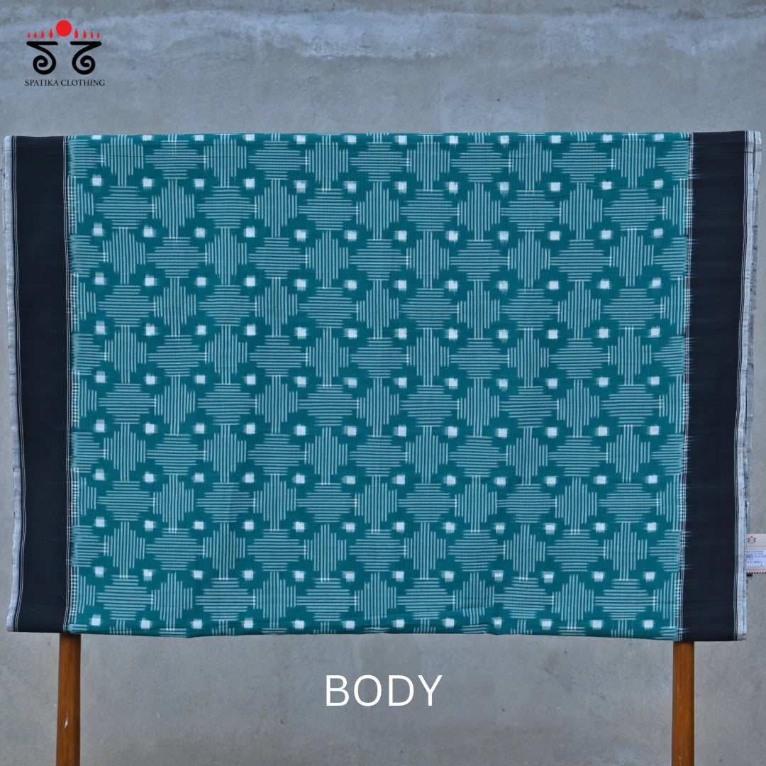Teal Green, Black & White Telia Double Ikat - Handwoven Cotton Saree