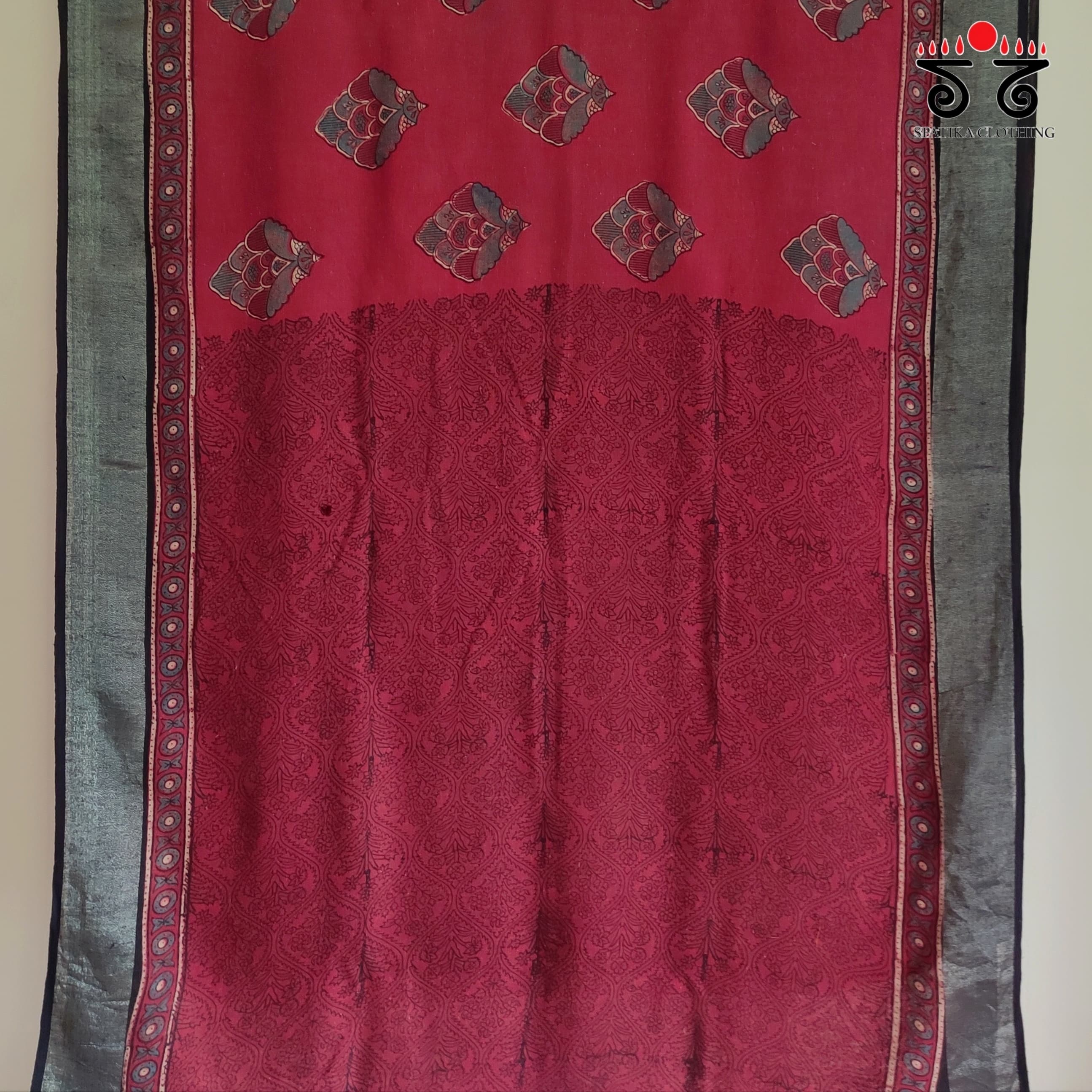 Ajrak Handblock Printed Red & Silver Linen Saree