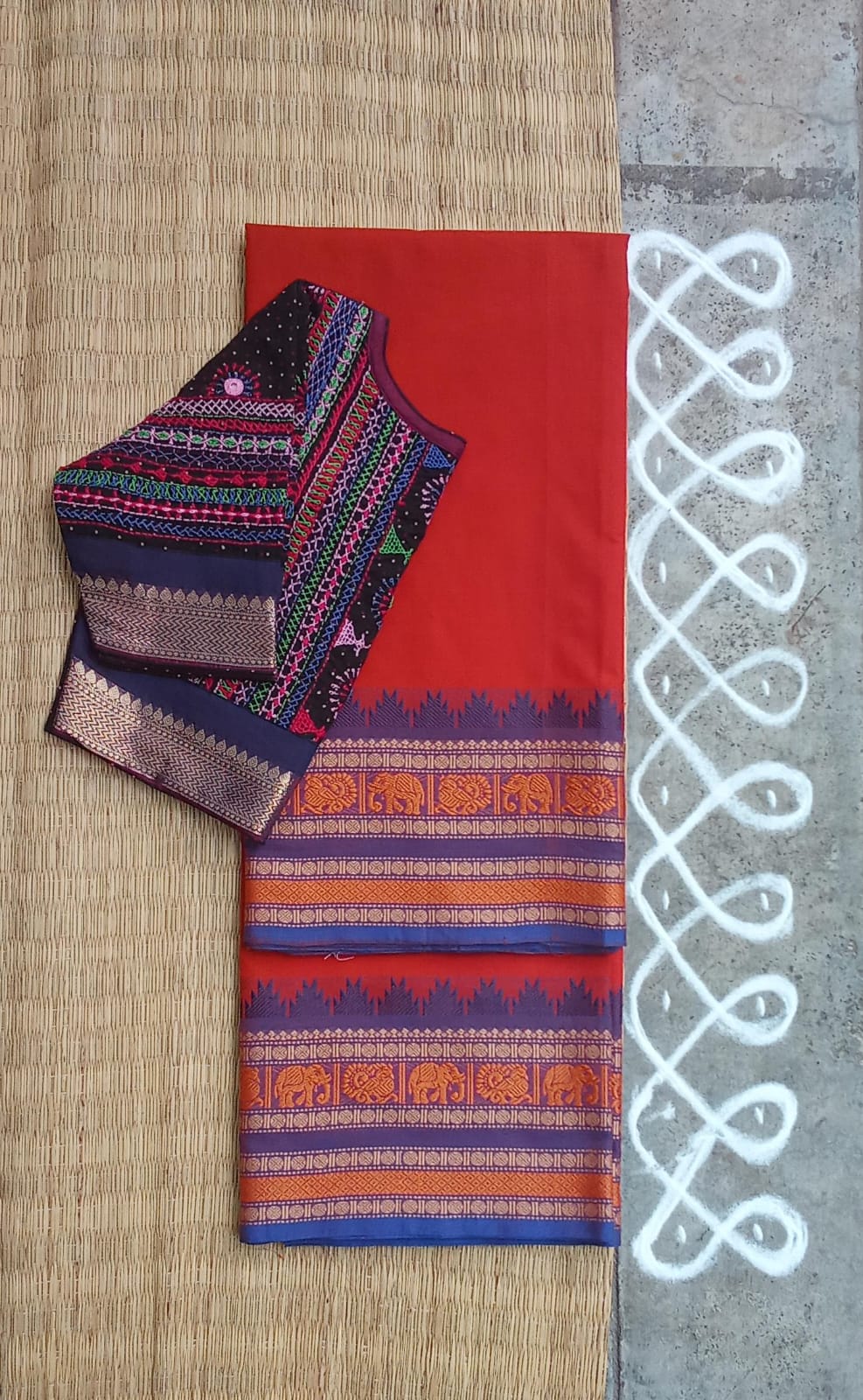 Rust Orange Chettinad Cotton Saree with Black Kashi - The Festive Lambani Blouse