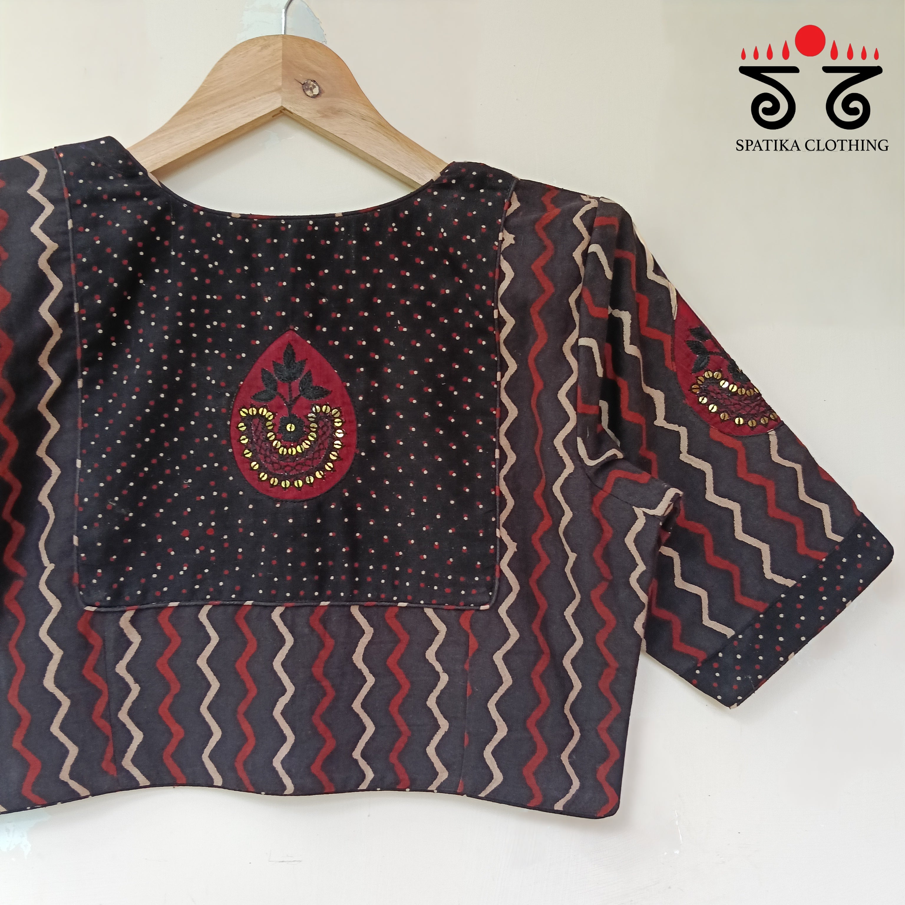Black Motif Inlay Hand - Embroidered Blouse