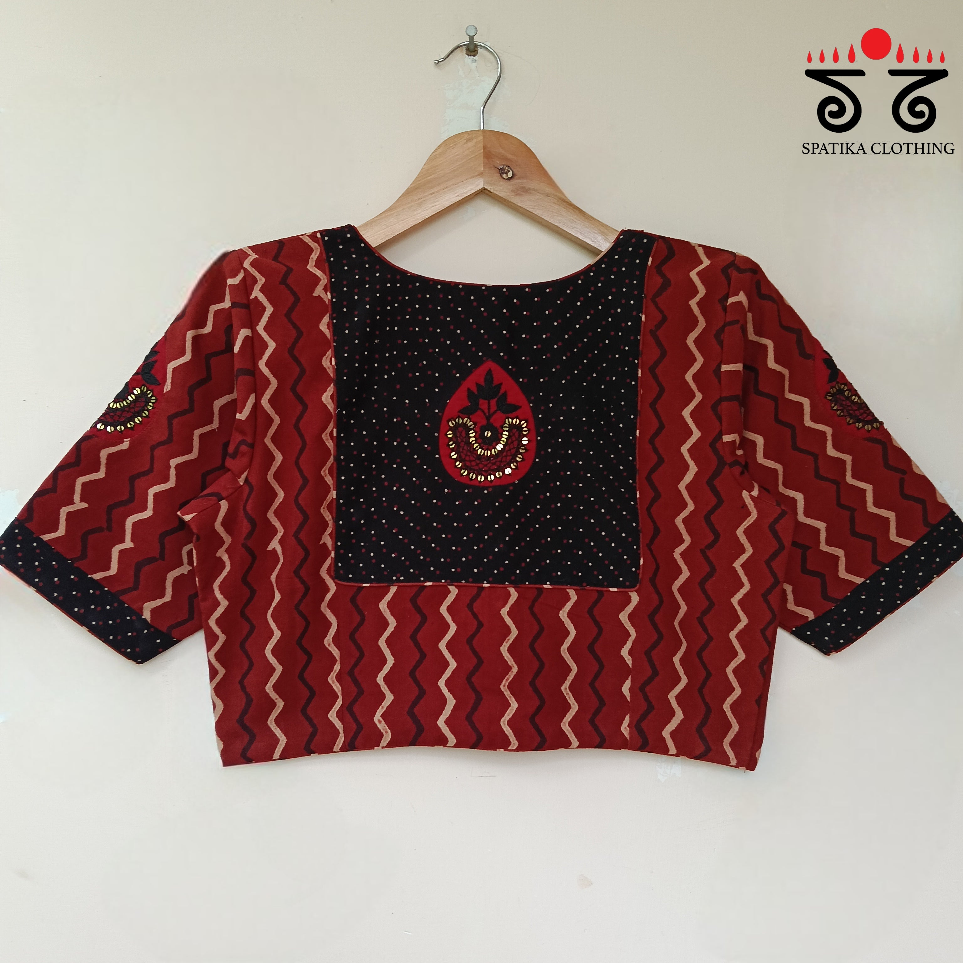 Red Motif Inlay Hand - Embroidered Blouse