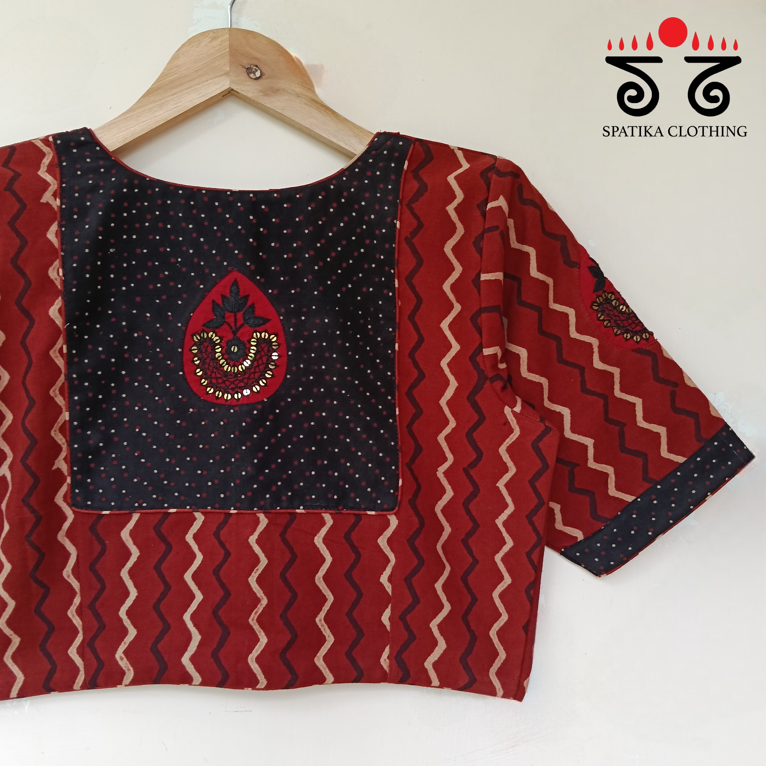 Red Motif Inlay Hand - Embroidered Blouse