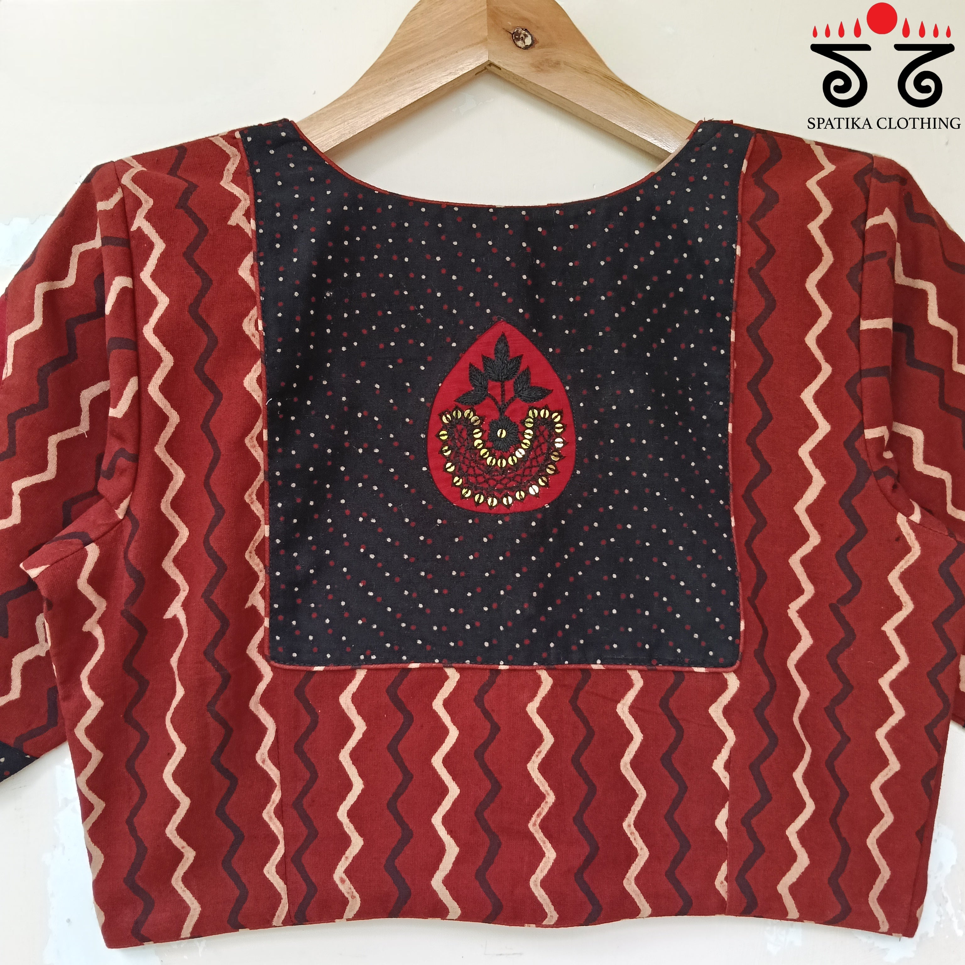 Red Motif Inlay Hand - Embroidered Blouse