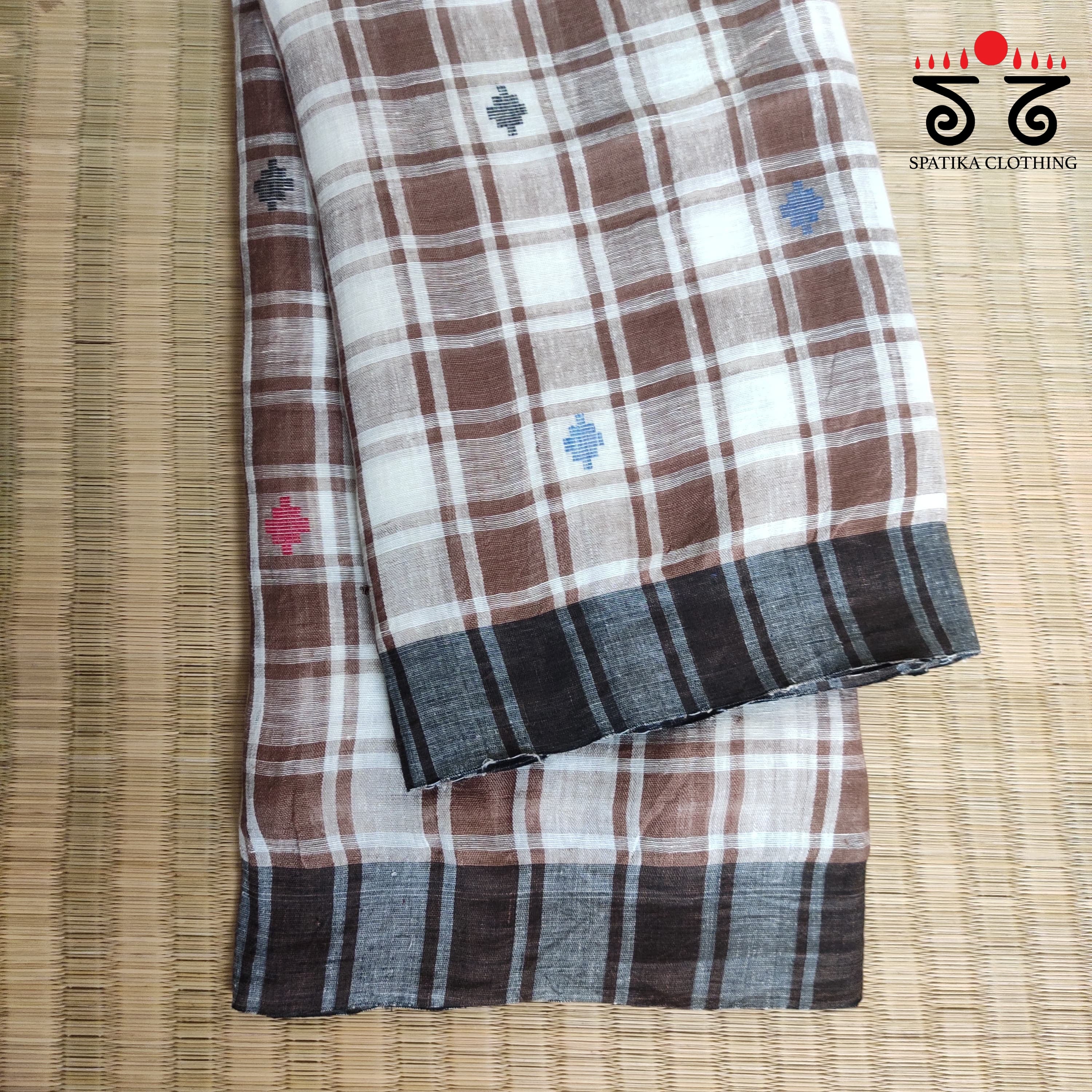 Jamdhani on Brown & White Linen Cotton Saree