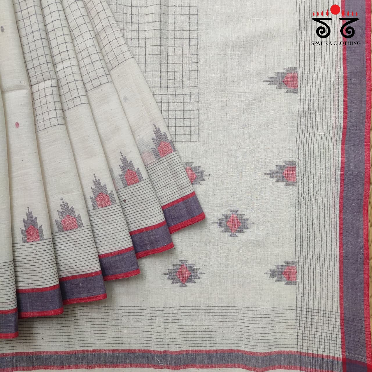 Jamdhani on White Bengal Cotton Saree