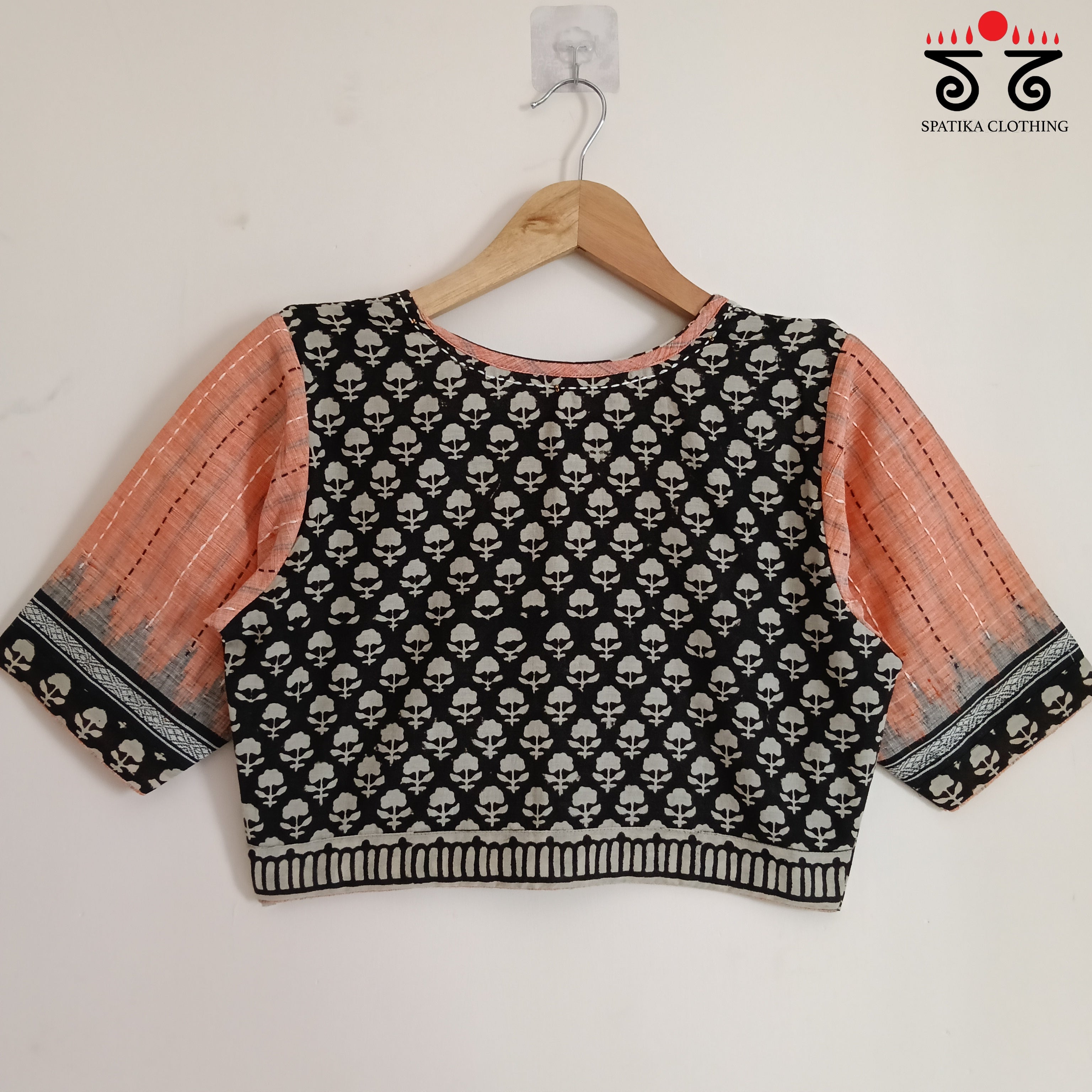 Ponduru Bagru - Black & Peach Handcrafted Blouse