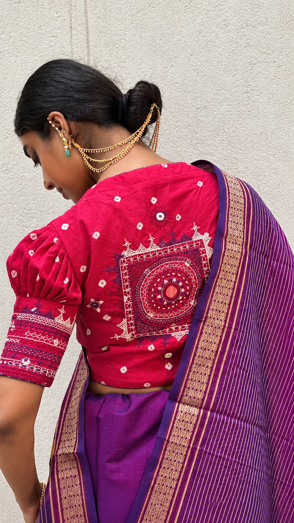 Festive Kanjivaram Silk Cotton- Purple with The Lambani - Bandhani Blouse