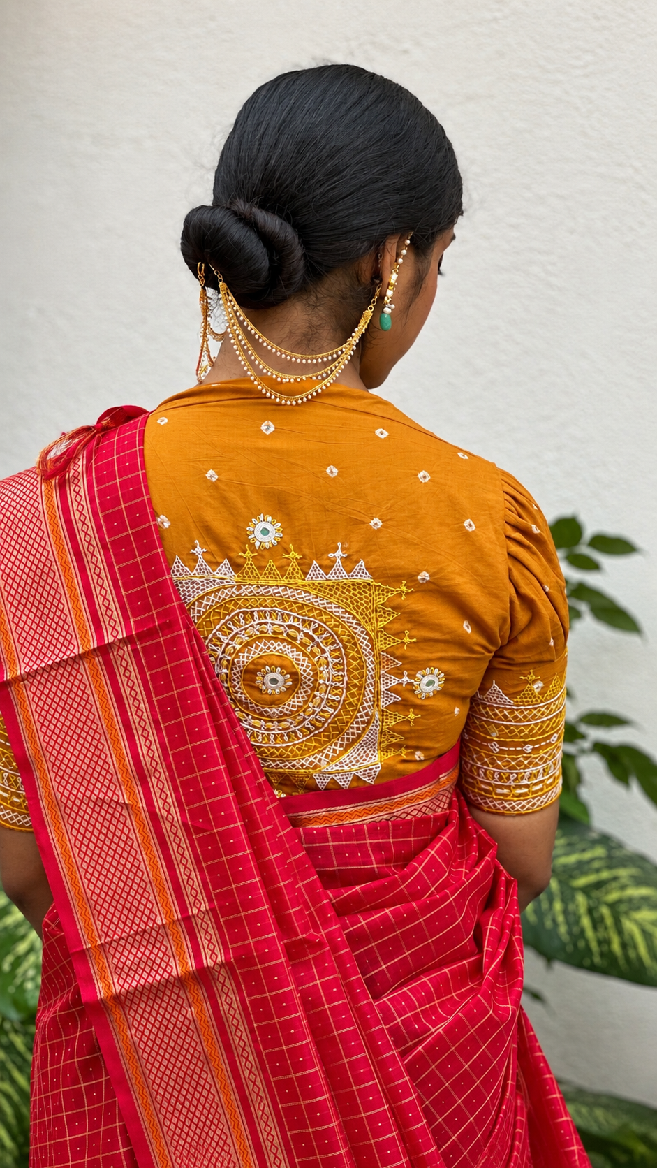 Festive Kanjivaram Silk Cotton- Red with Orange Lambani - Bandhani blouse