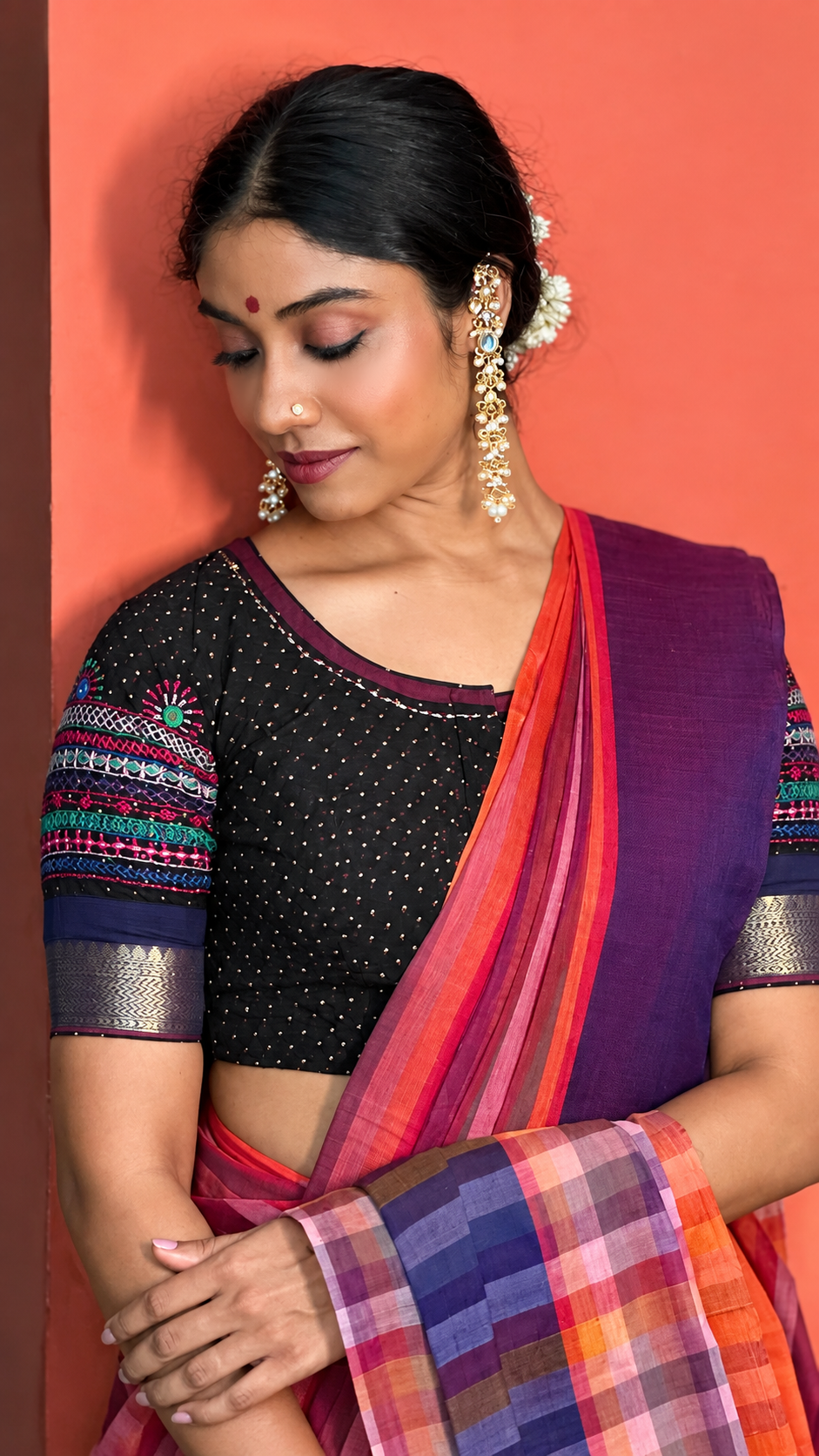 Red Multi Andhra Handwoven Cotton Saree with Black Kashi - The Festive Lambani Blouse