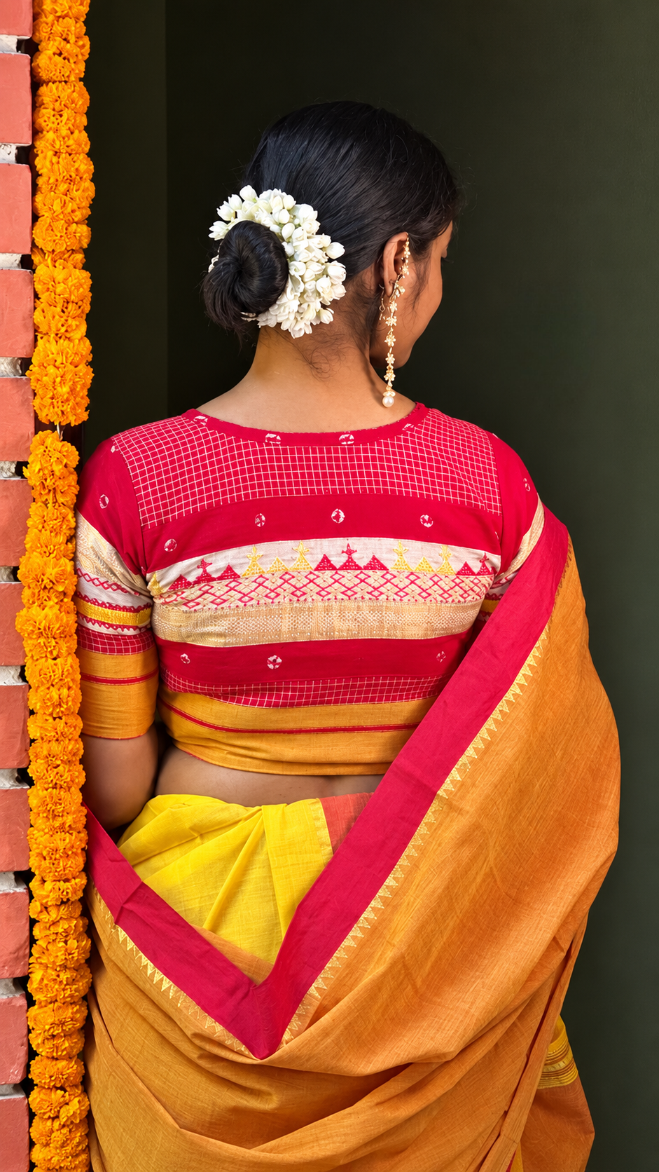 Light Orange Andhra Handwoven Cotton Saree with Red Lambani Bandhani Blouse
