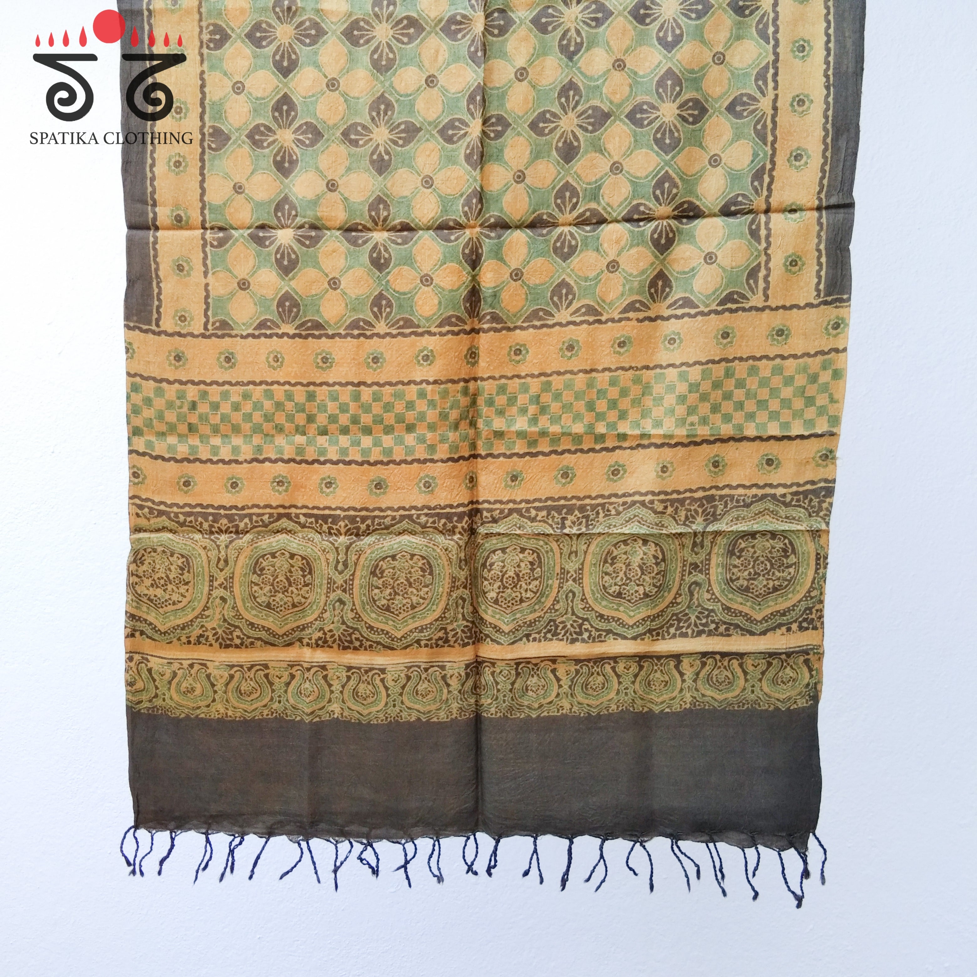 Ajrakh On Tussar Stole - Natural Dyes