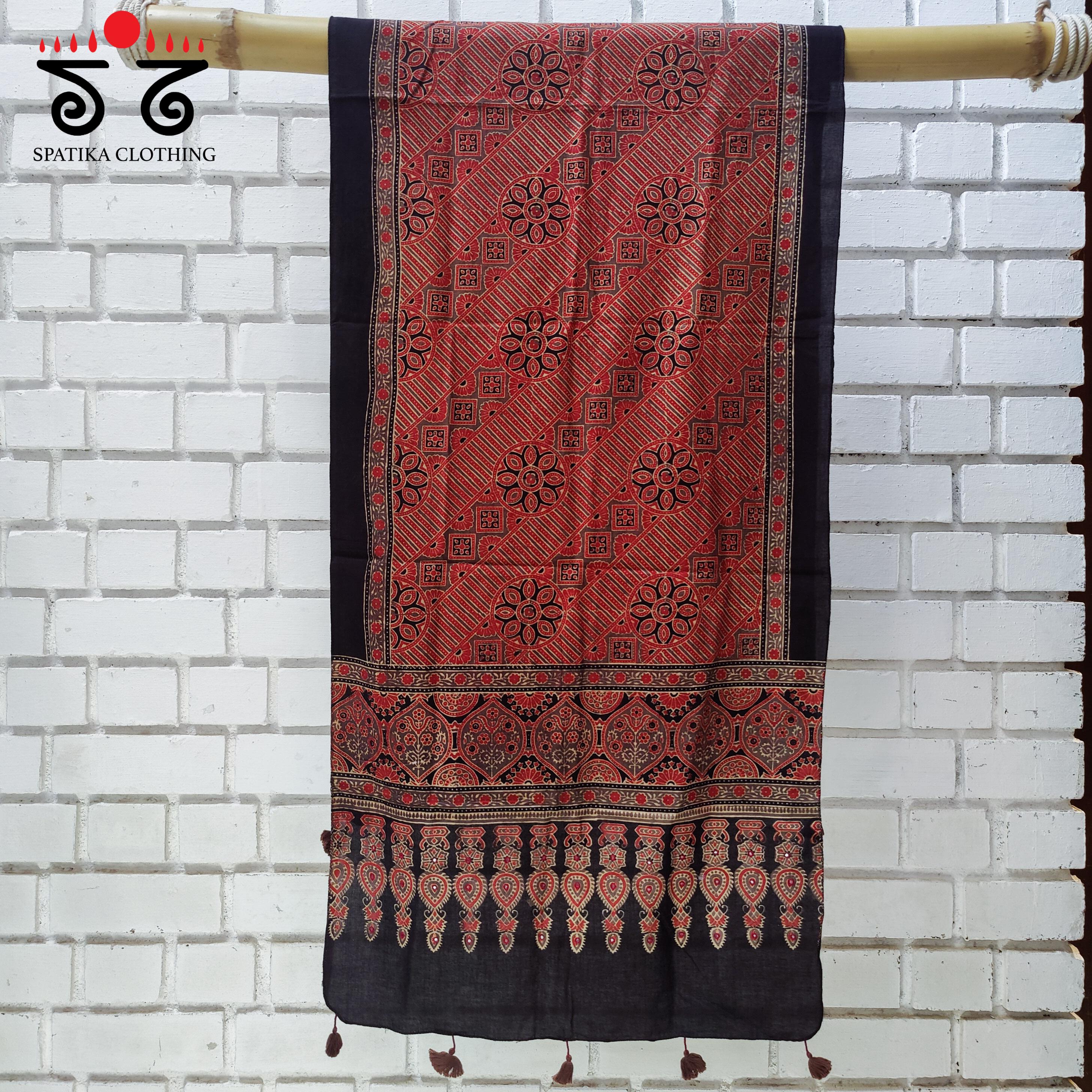Ajrakh on Handwoven Cotton Stole - Natural Dyes