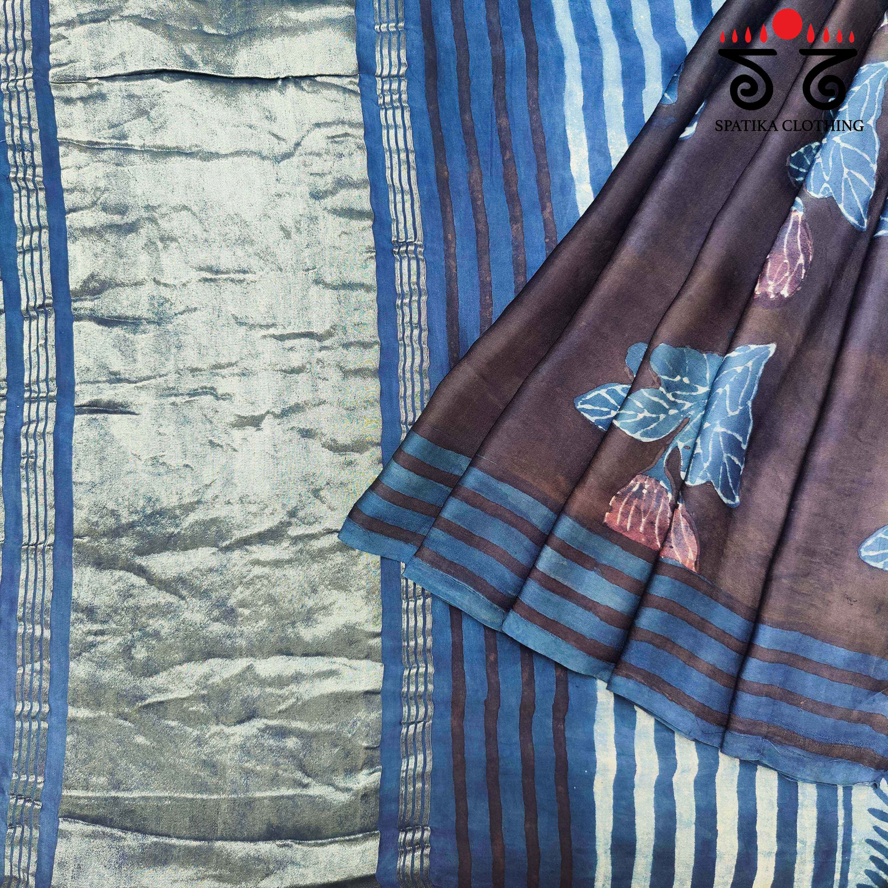 Black & Blue Hand Block Printed Modal Silk Saree