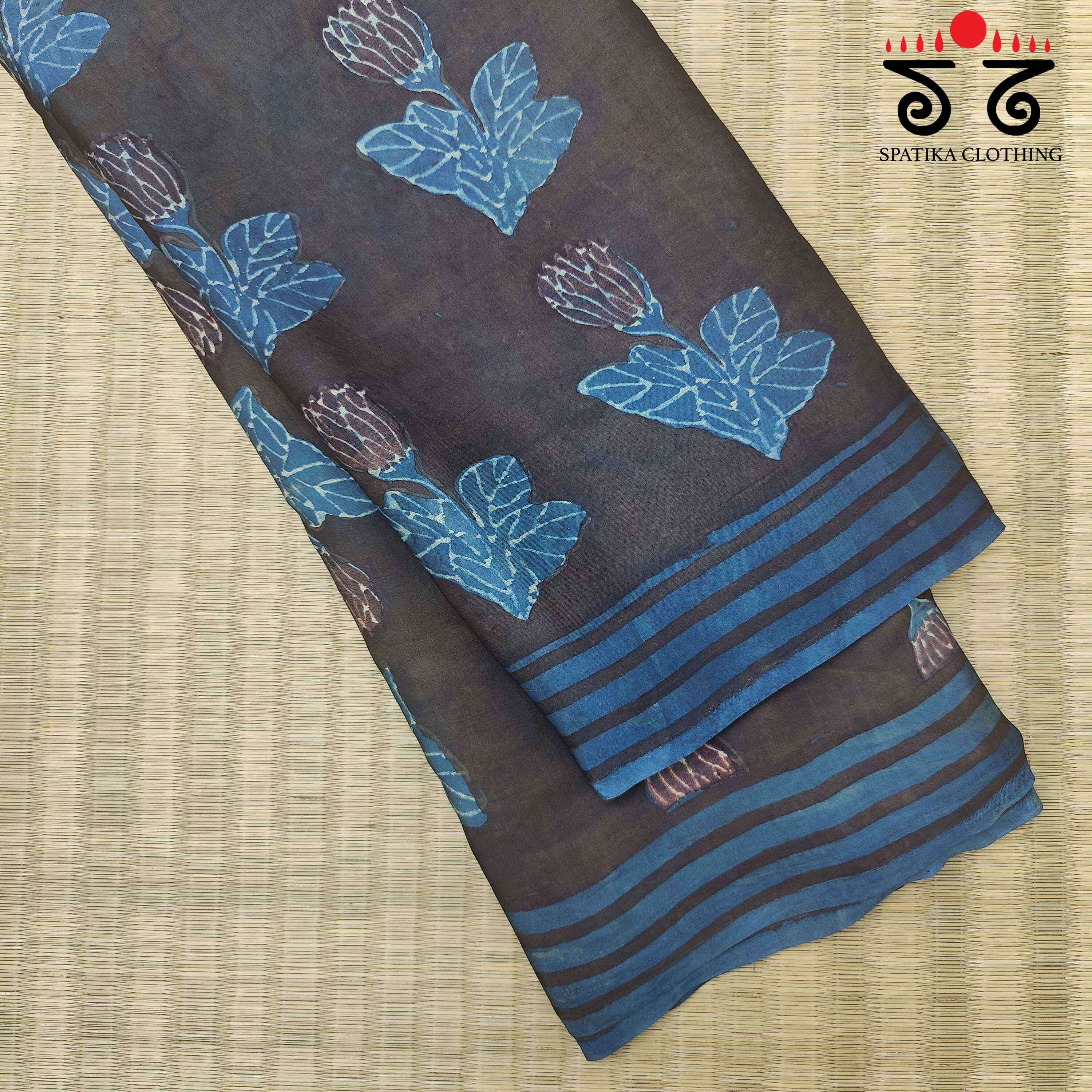 Black & Blue Hand Block Printed Modal Silk Saree