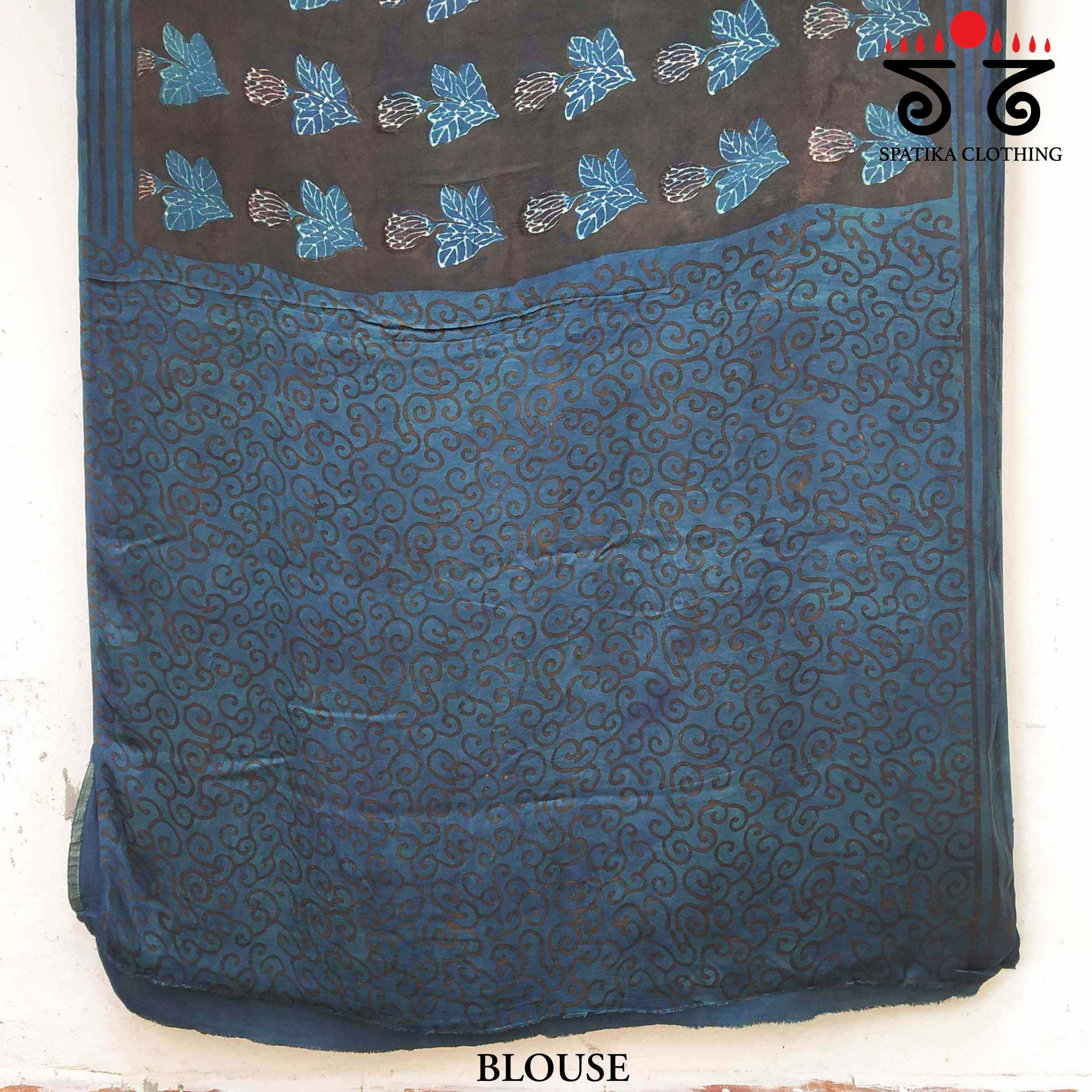 Black & Blue Hand Block Printed Modal Silk Saree