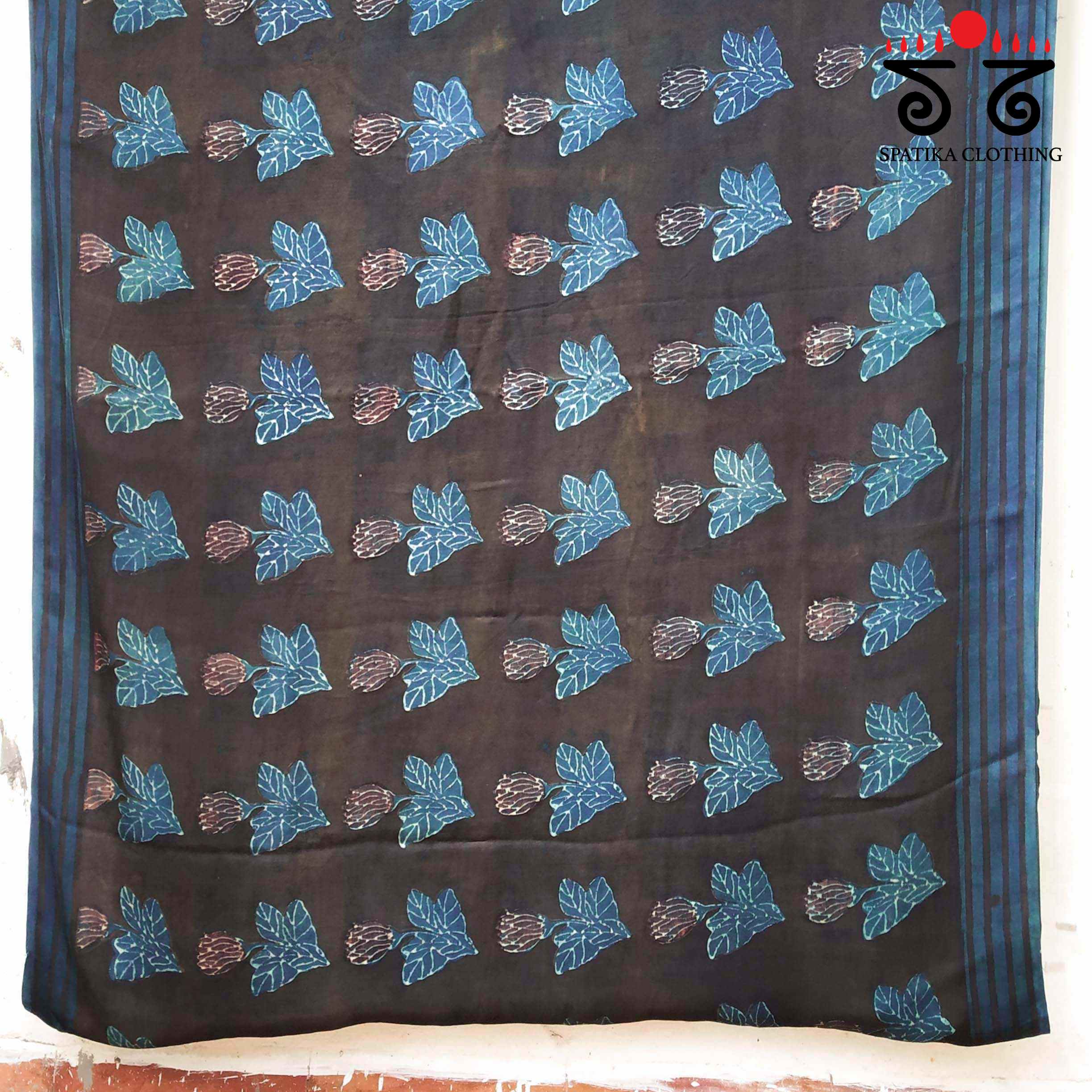 Black & Blue Hand Block Printed Modal Silk Saree