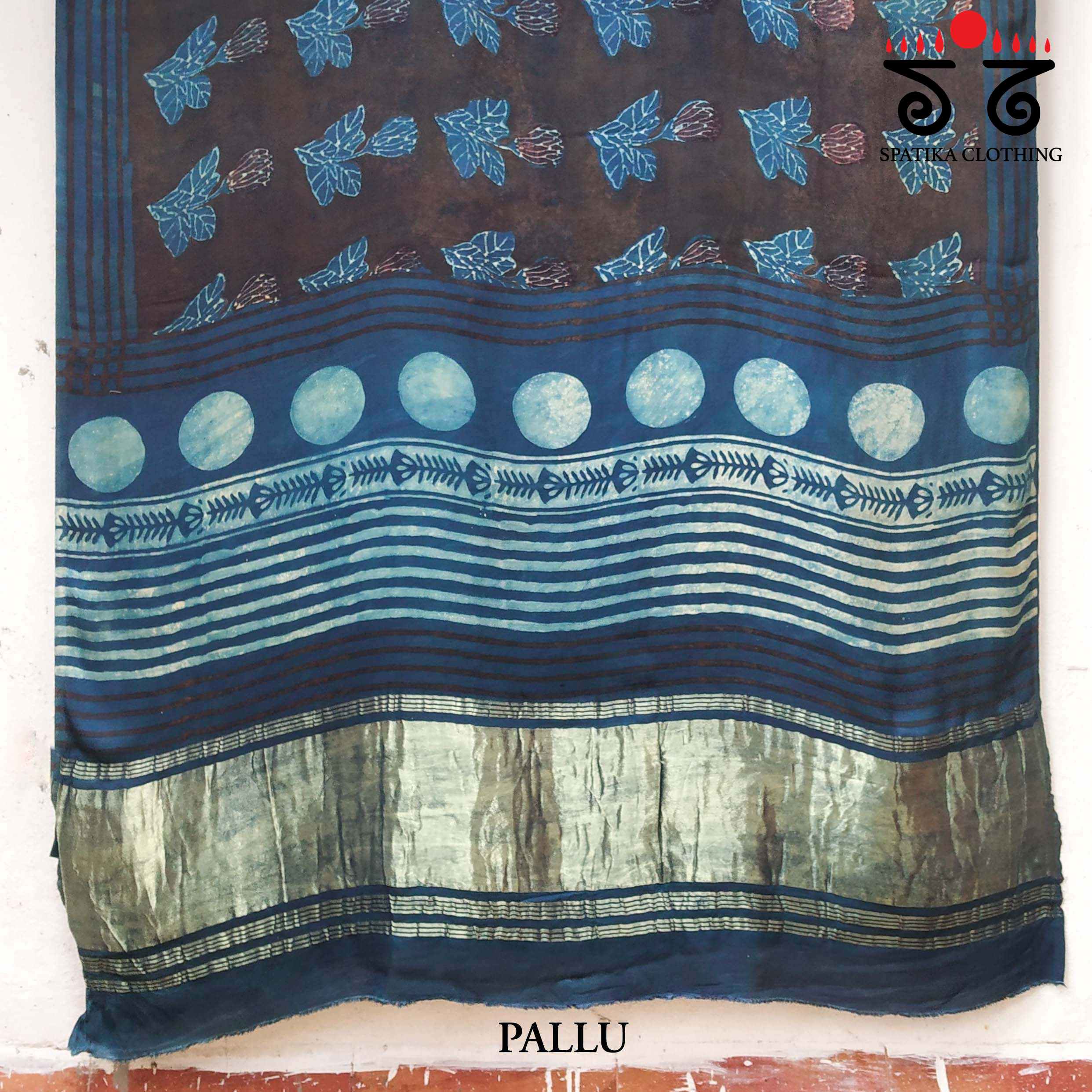 Black & Blue Hand Block Printed Modal Silk Saree
