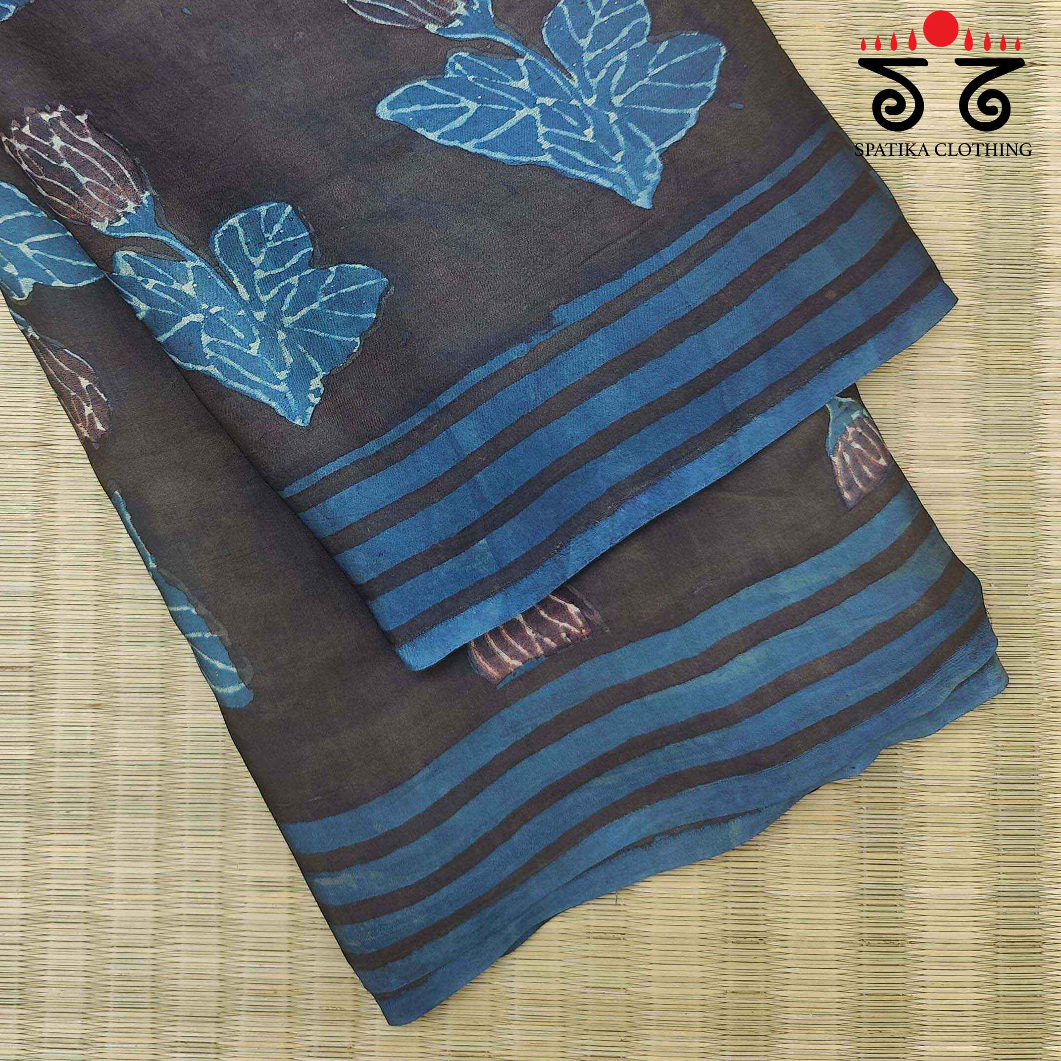 Black & Blue Hand Block Printed Modal Silk Saree