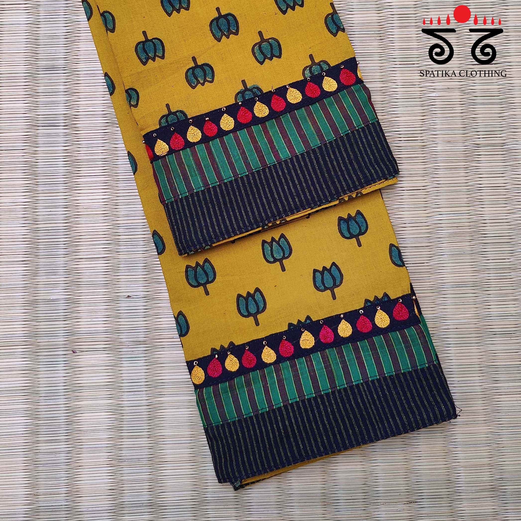 Ajrakh - Hand Embroidered Blouse Fabric