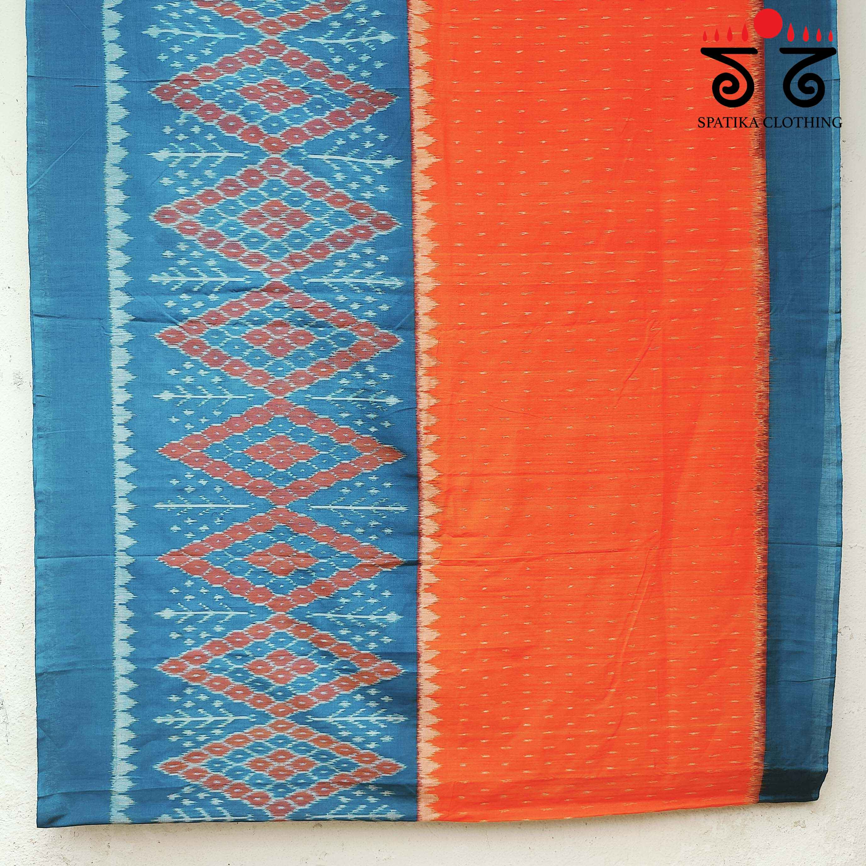 Ikat - Blue & Orange Handwoven Cotton Saree