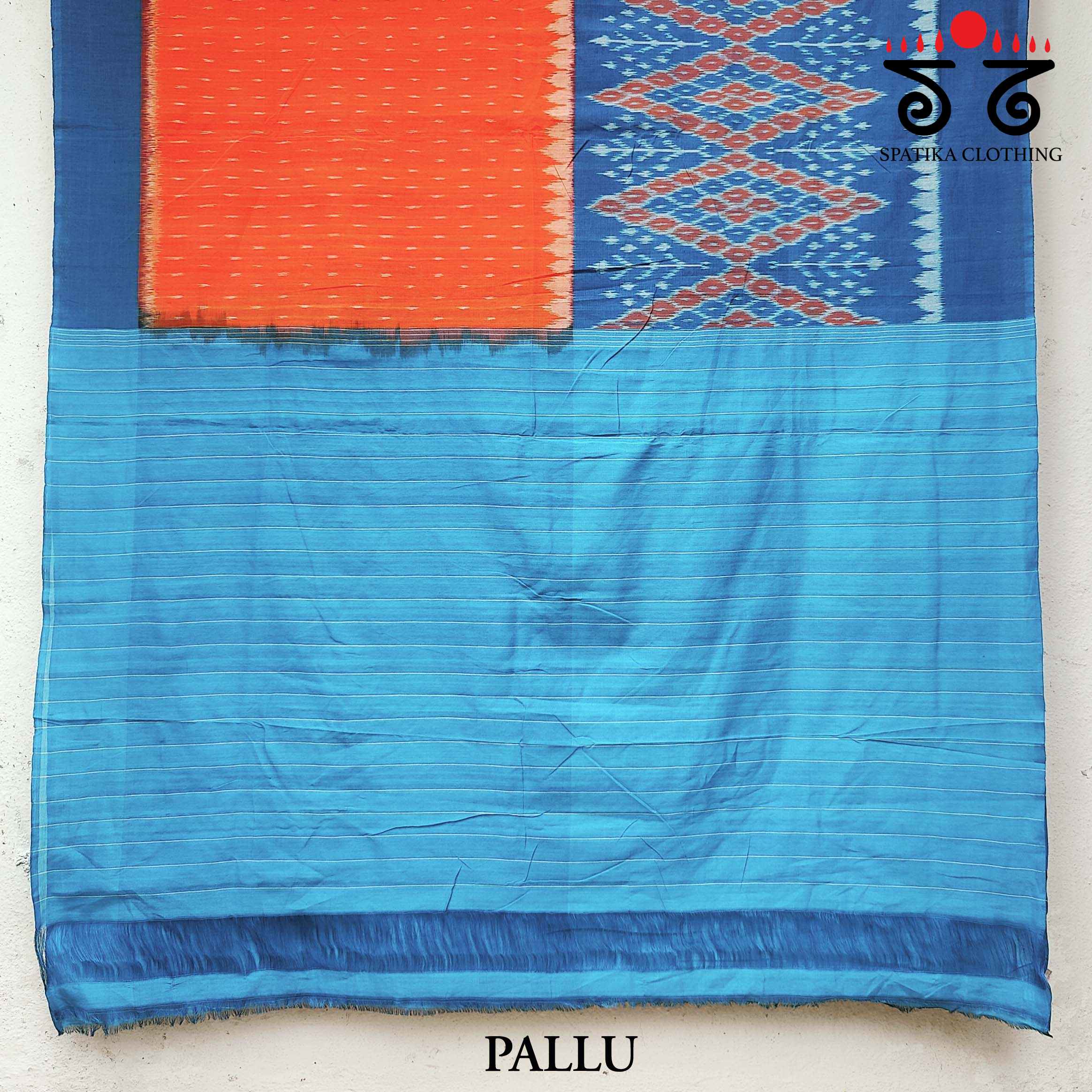 Ikat - Blue & Orange Handwoven Cotton Saree