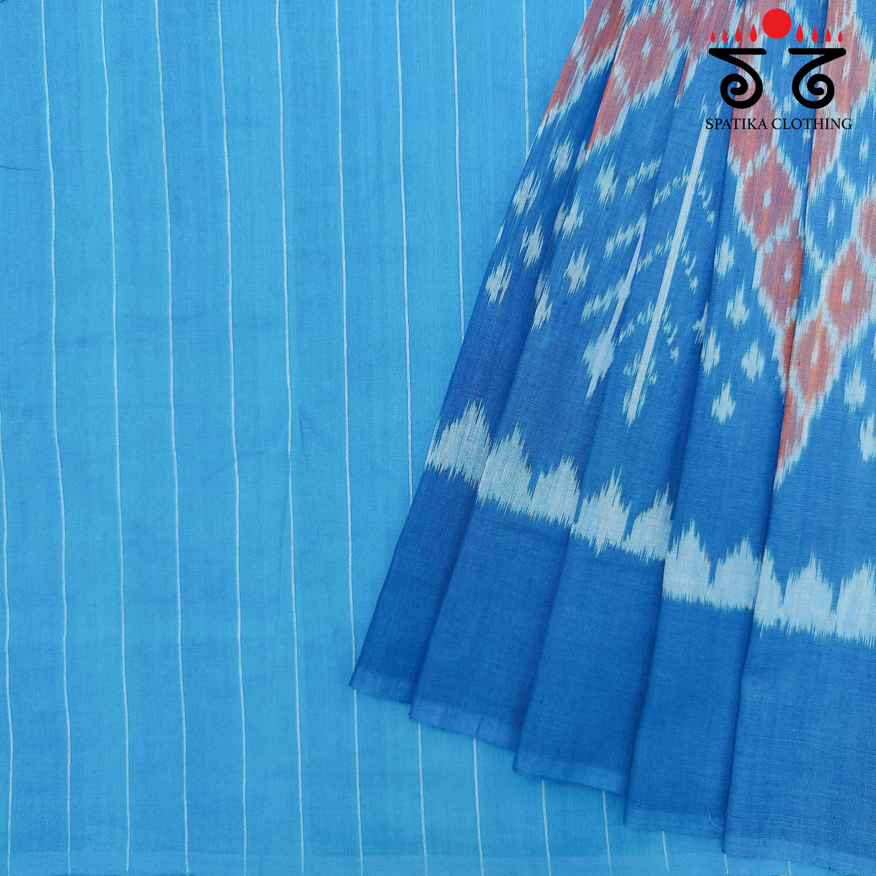 Ikat - Blue & Orange Handwoven Cotton Saree