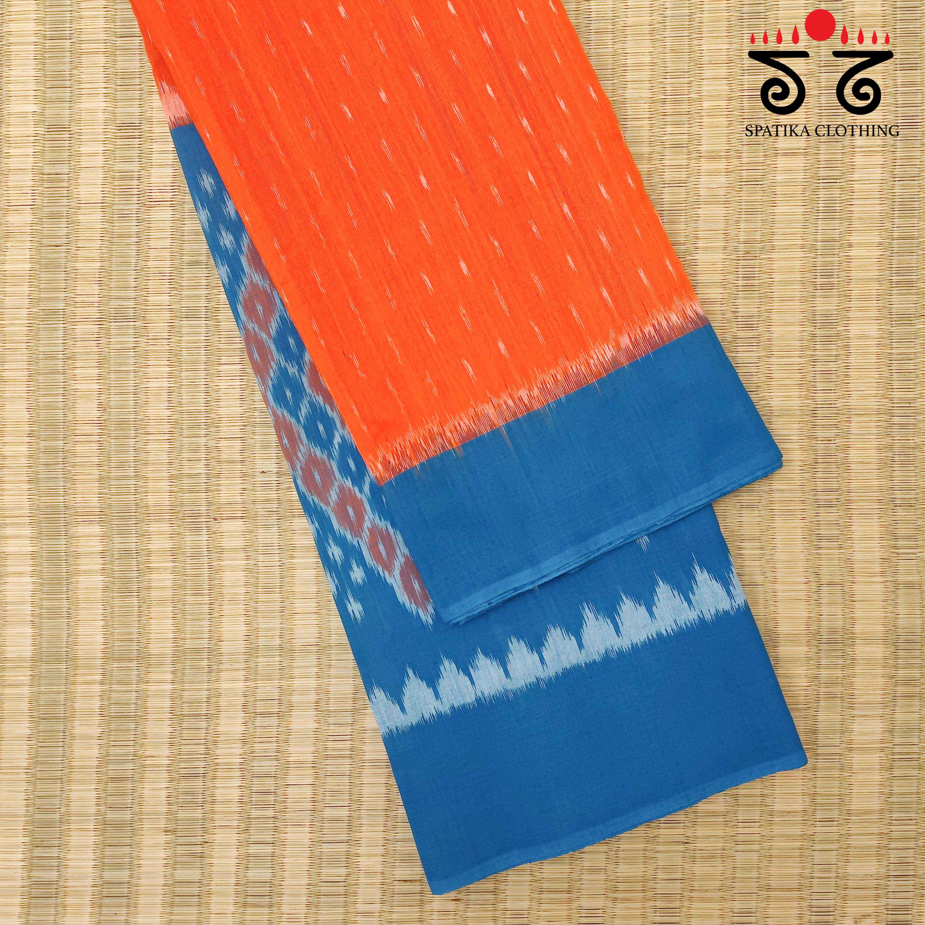 Ikat - Blue & Orange Handwoven Cotton Saree