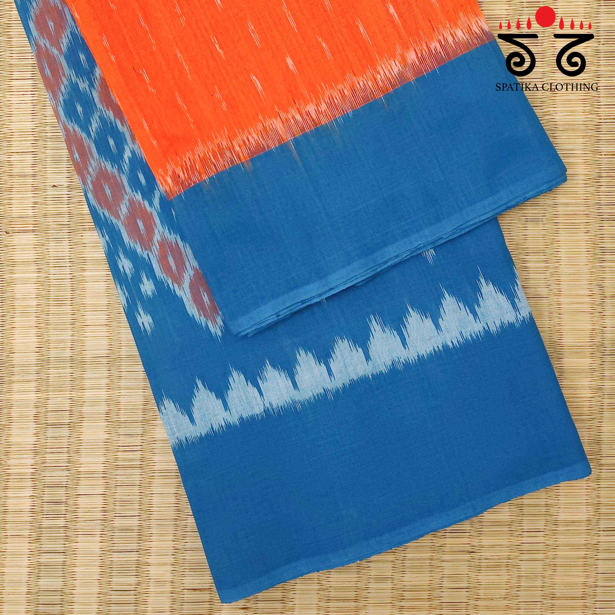 Ikat - Blue & Orange Handwoven Cotton Saree