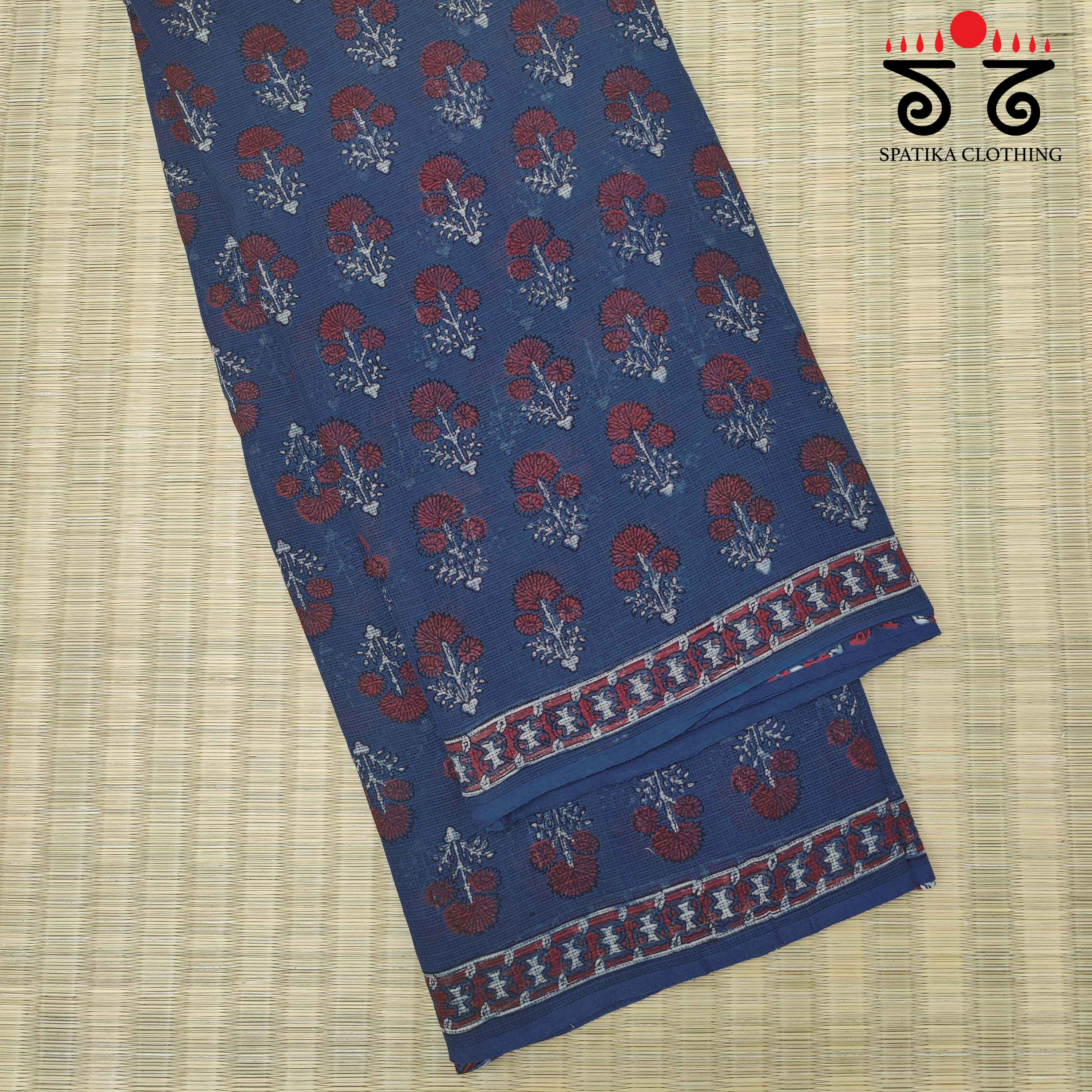 Ajrakh Handblock Print on Indigo & Maroon Kota Cotton Saree