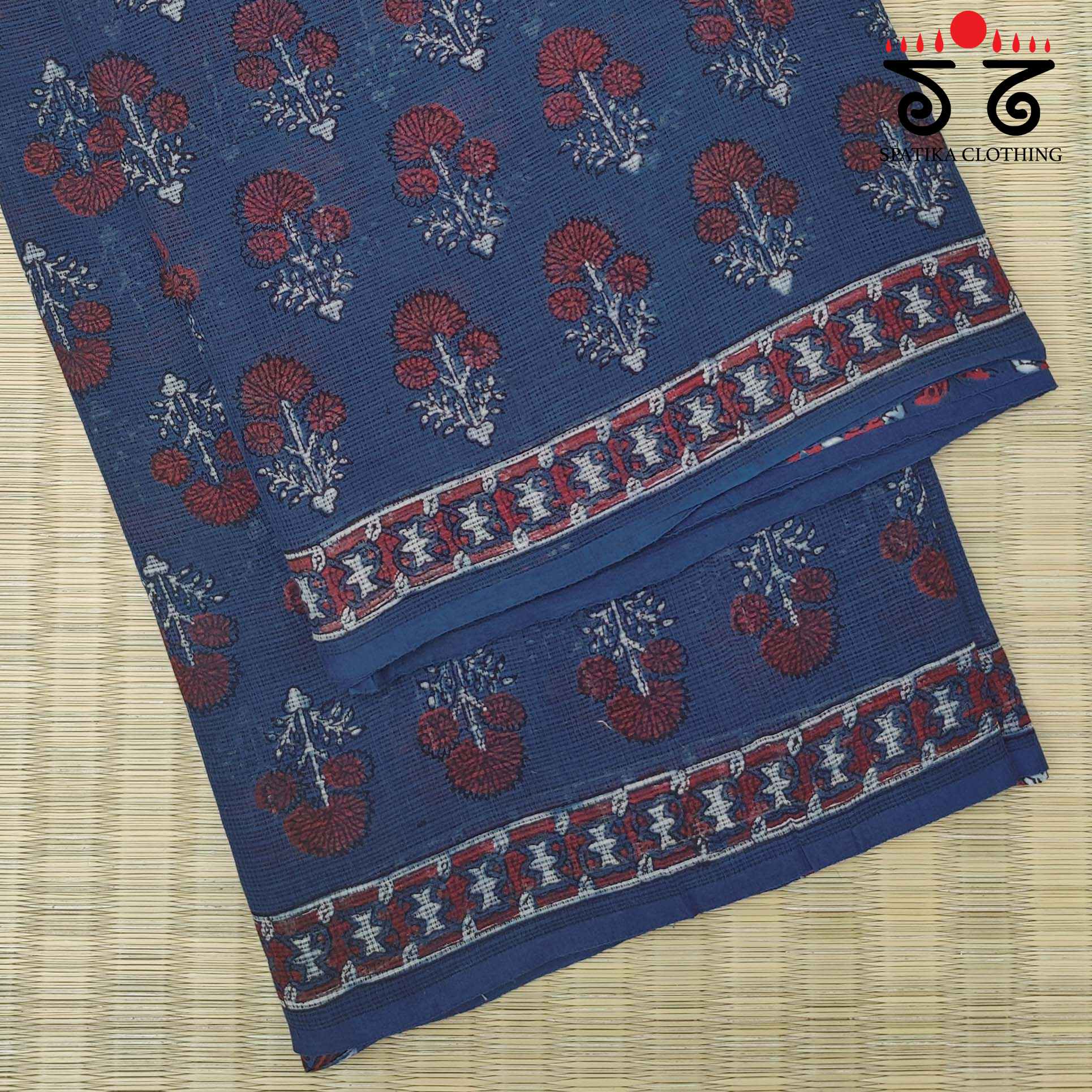 Ajrakh Handblock Print on Indigo & Maroon Kota Cotton Saree