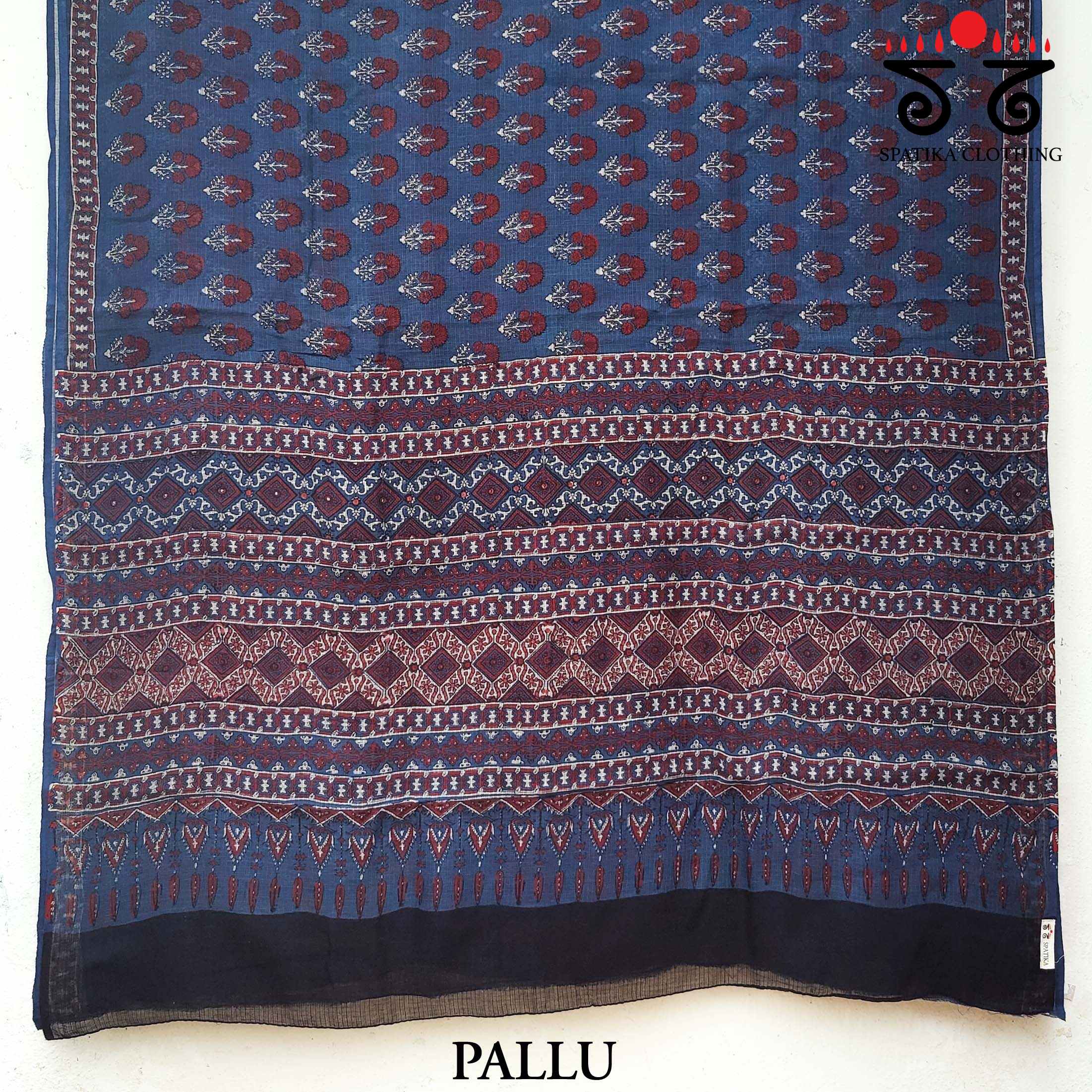 Ajrakh Handblock Print on Indigo & Maroon Kota Cotton Saree