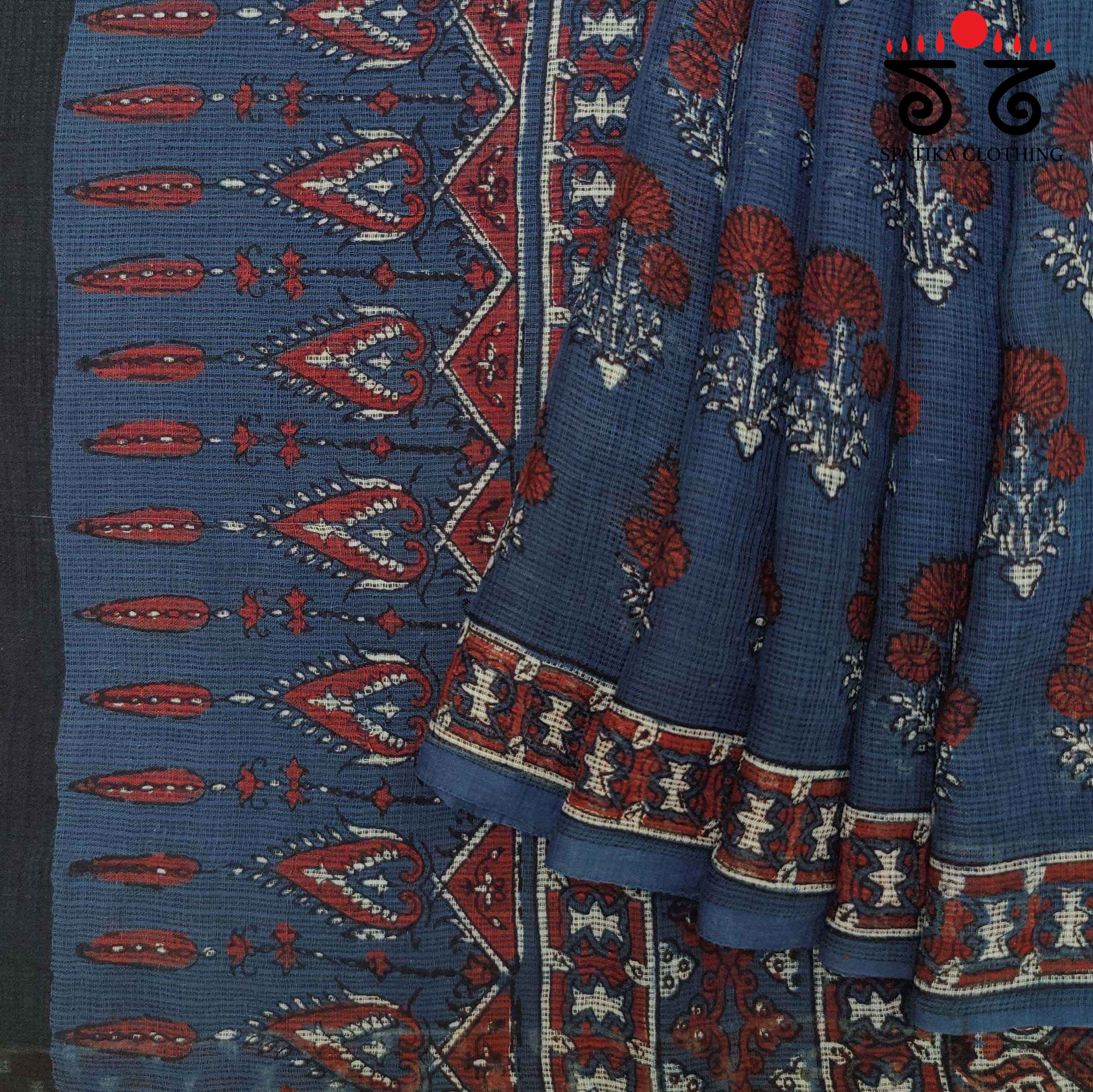 Ajrakh Handblock Print on Indigo & Maroon Kota Cotton Saree