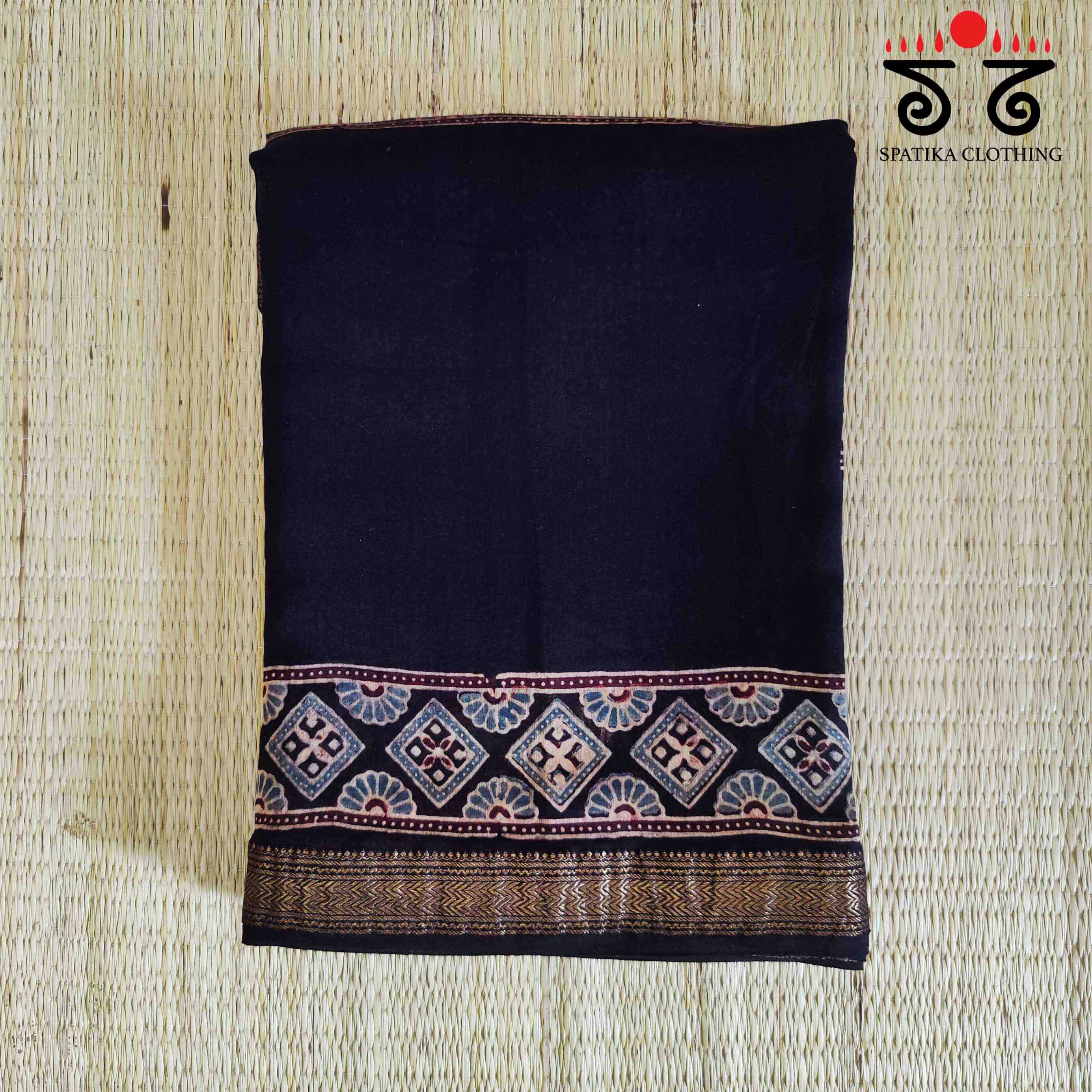 Black Ajrak Maheshwari Silk Cotton Saree